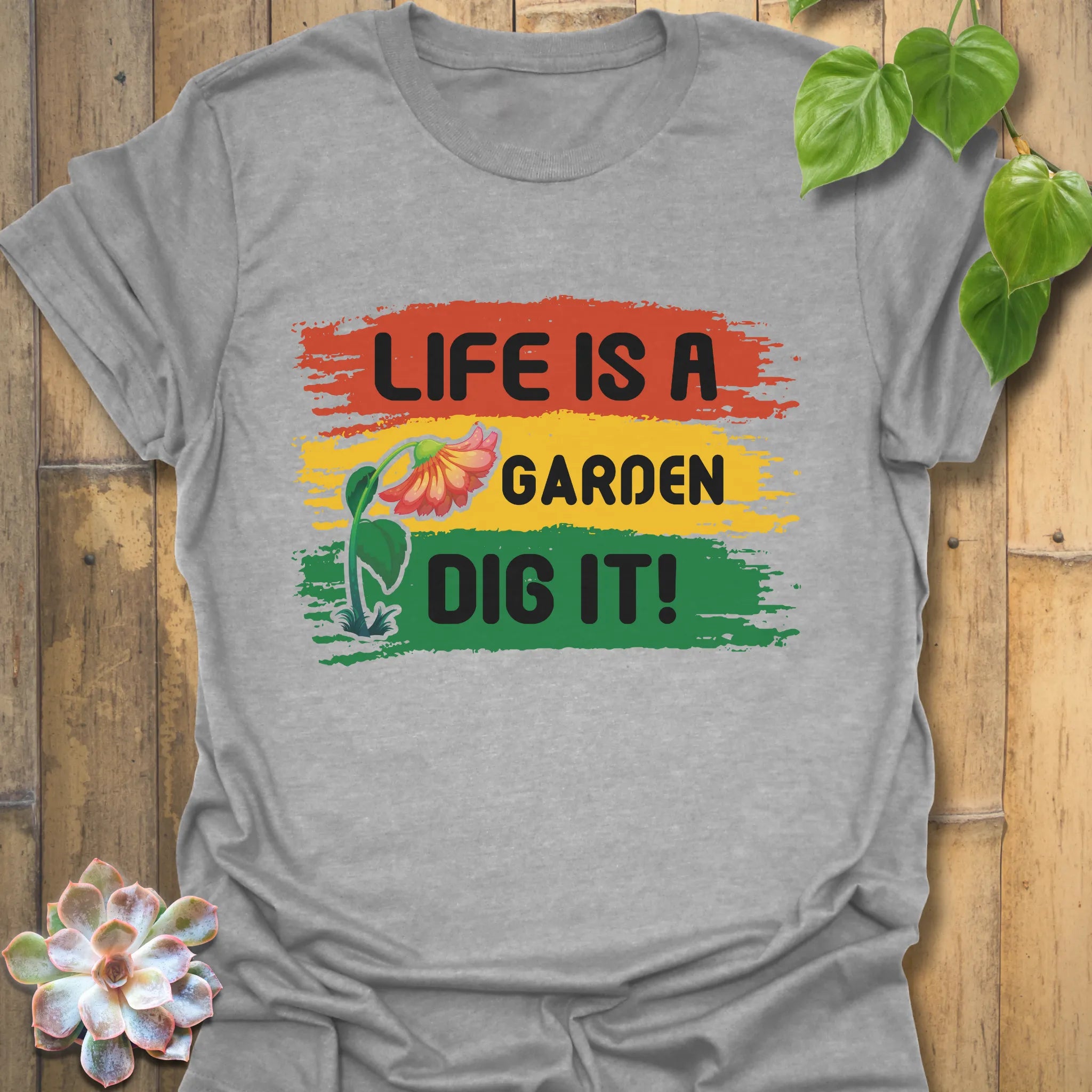 Sport Grey t-shirt featuring the design Life is a Garden, Dig It with casual gardening flower print.