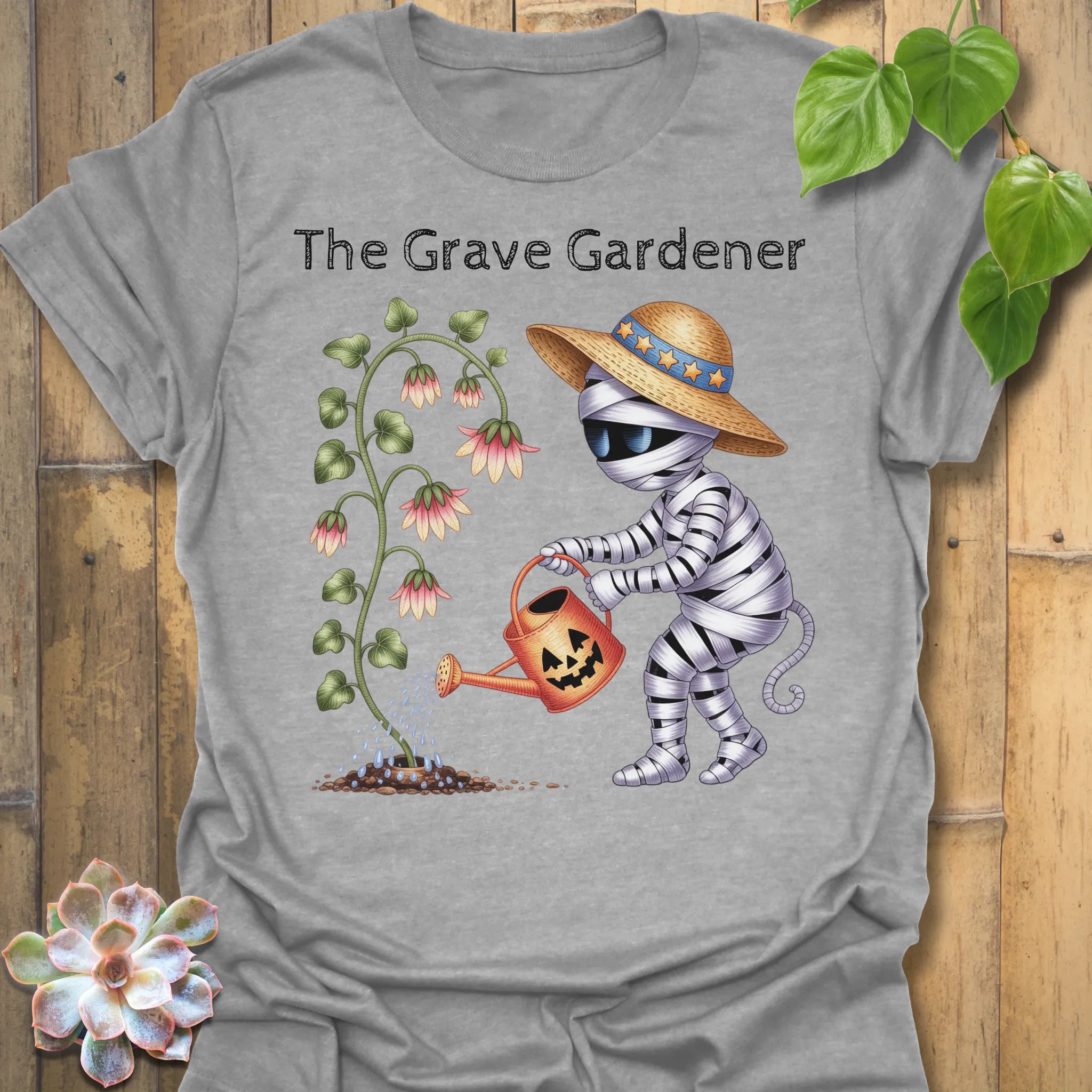 Sport Grey t-shirt featuring the design The Grave Gardener printed in halloween plant shirt.