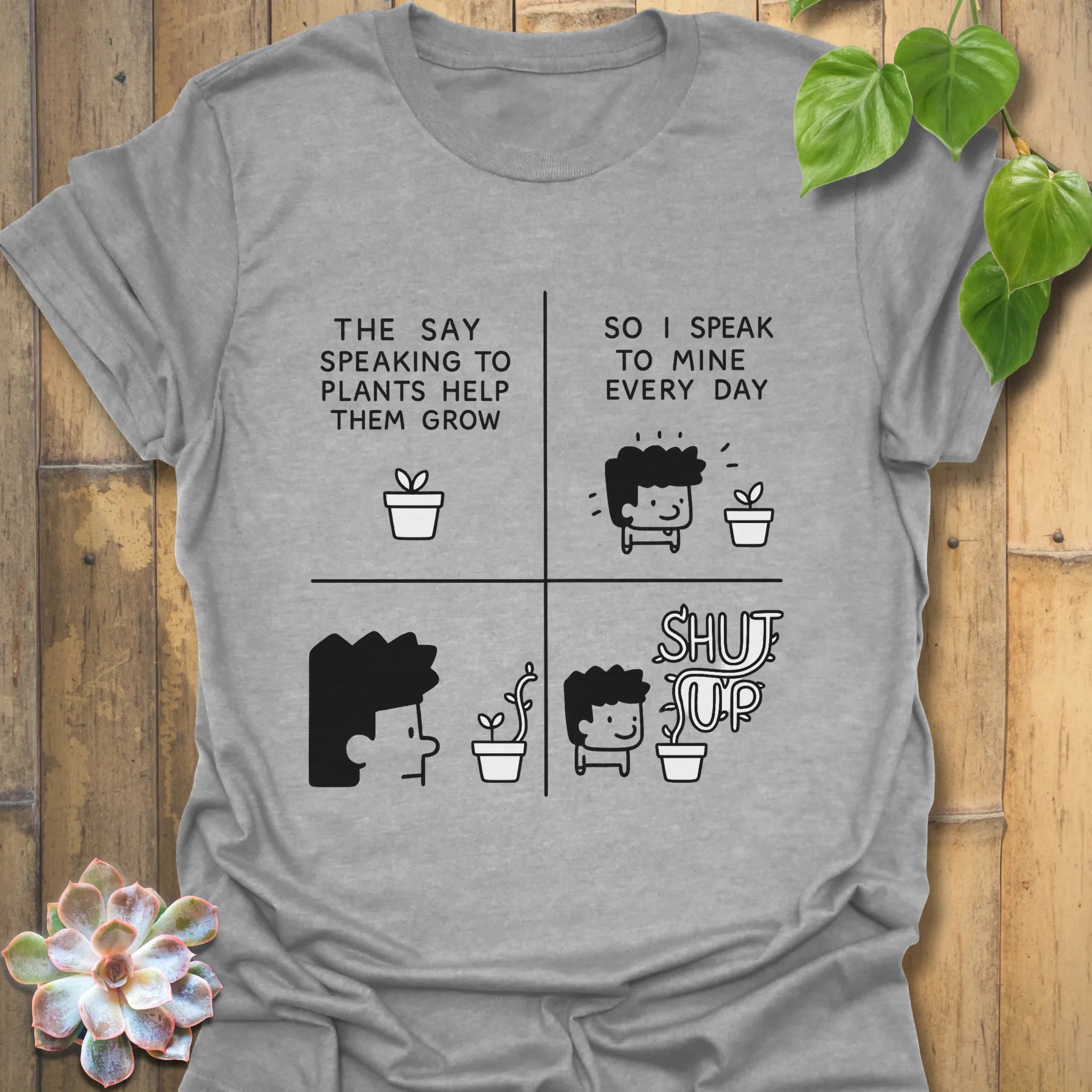 Sport Grey t-shirt featuring the design “The say speaking to plants help them grow so I speak to mine everyday” with a funny character of a man and plants printed in bold colours