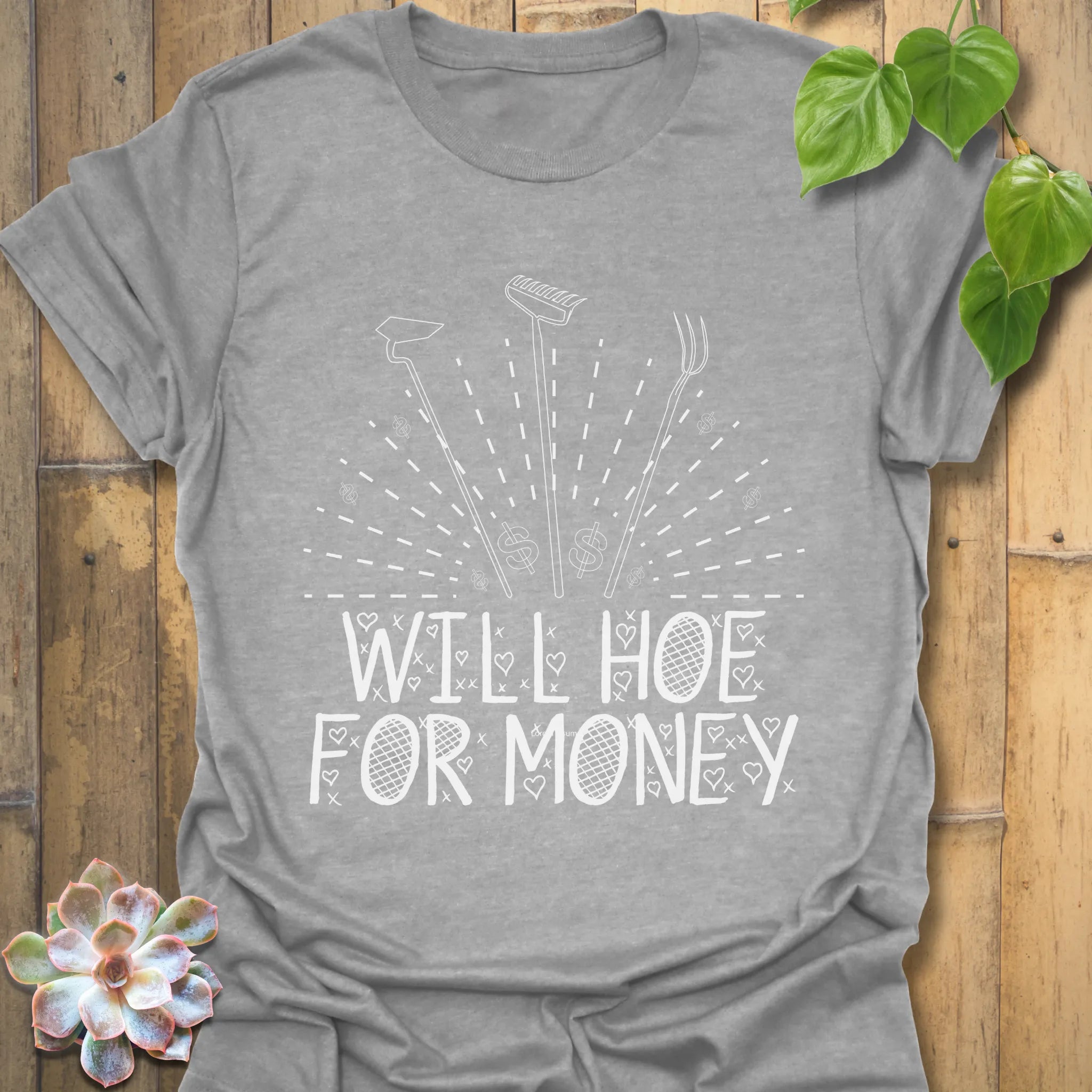 Sport Grey t-shirt featuring the design Will Hoe For Money, a stylish gardening humour shirt for everyday wear.