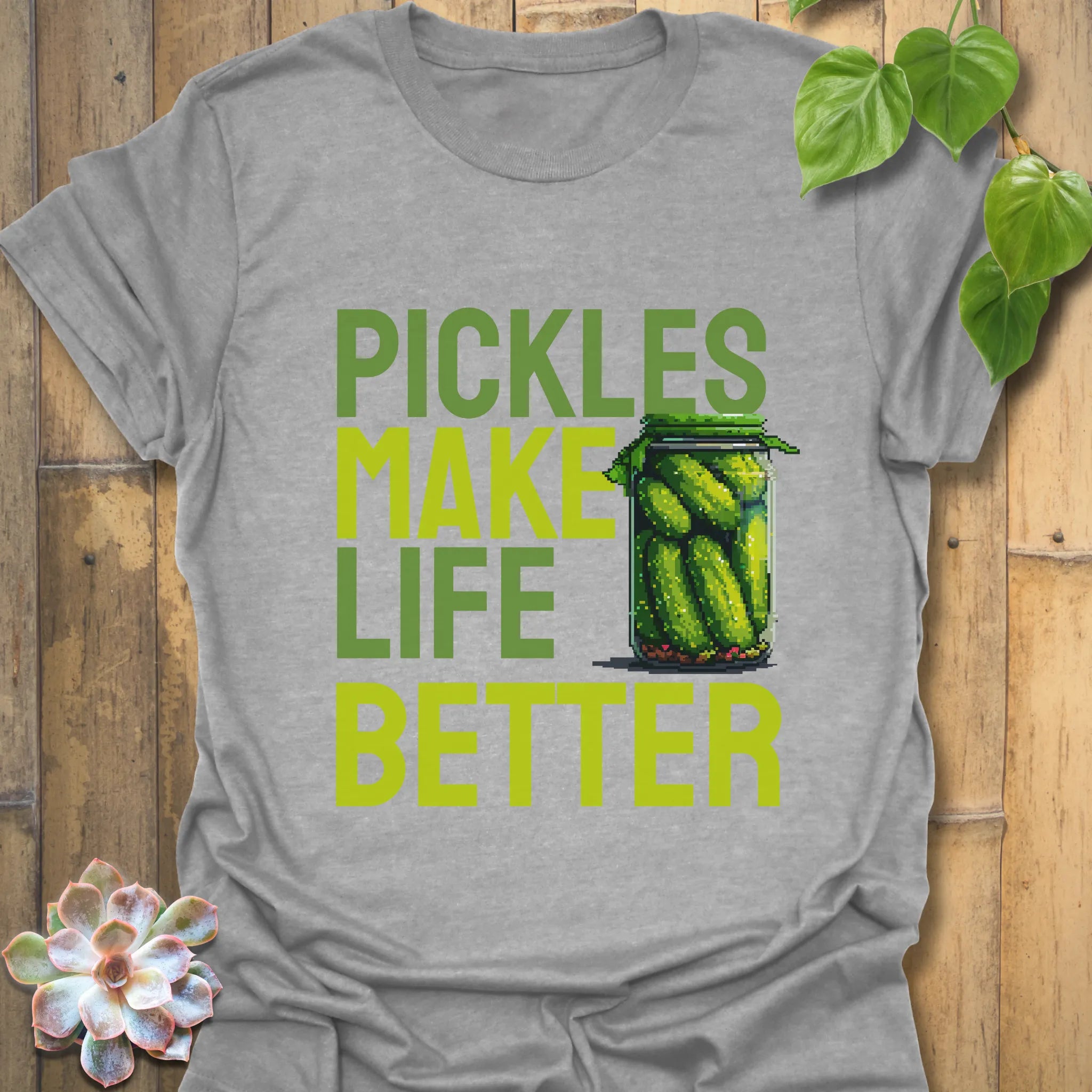 Sport grey t-shirt featuring the design “Pickles make life better” with cucumbers inside a glass jar