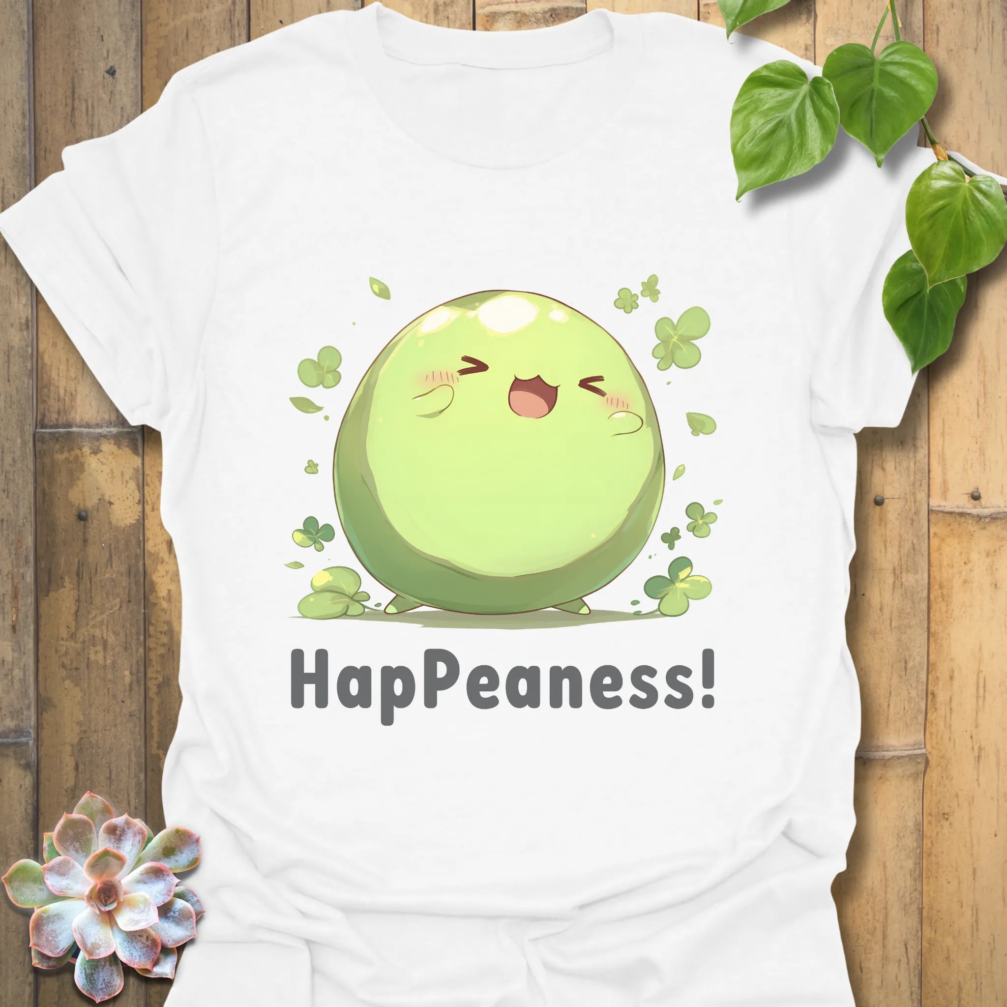 White t-shirt featuring a smiling pea design with small clovers and the phrase “HapPeaness!”