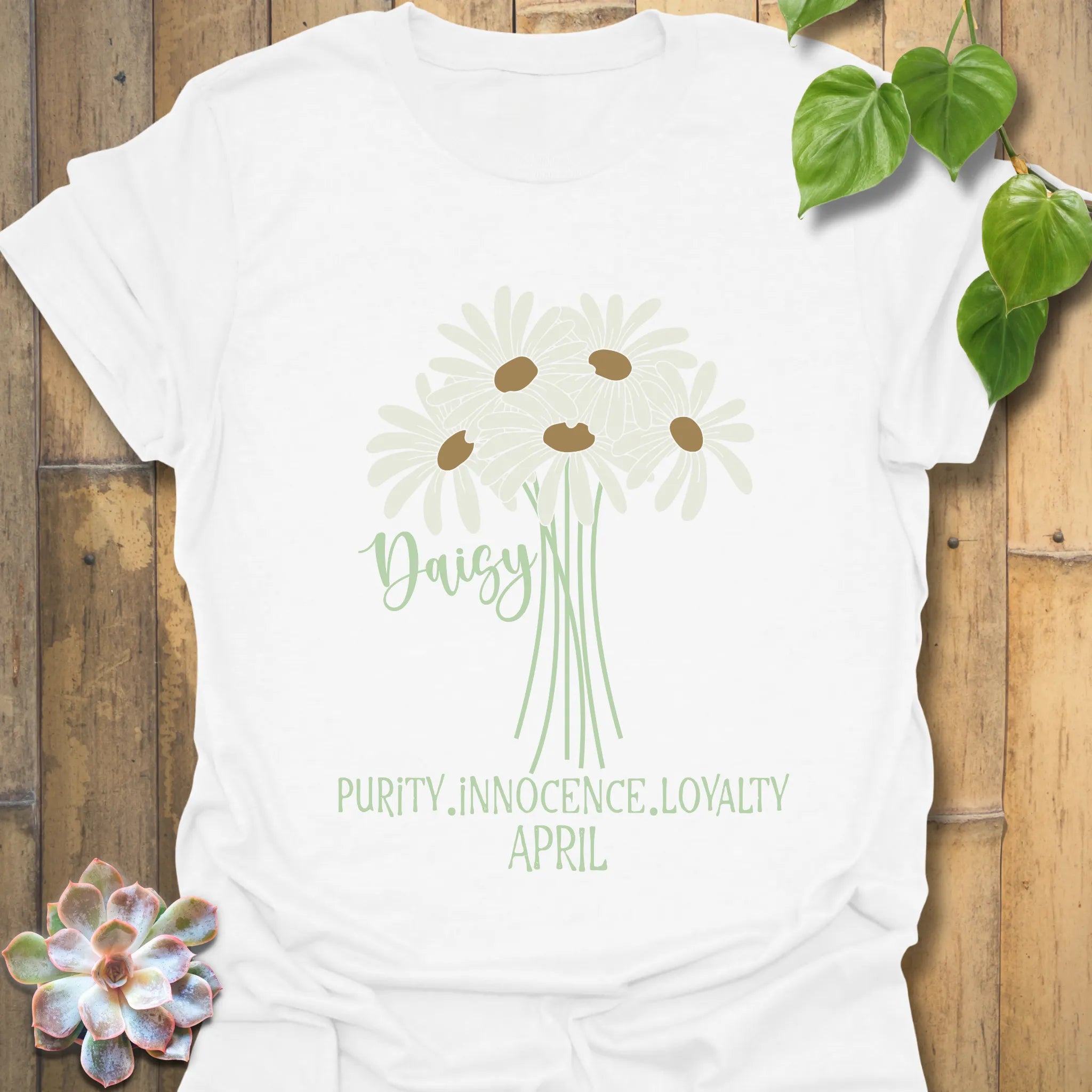 White t-shirt featuring the design April Daisy with a print of rose flower, a minimalist floral graphic perfect for casual spring outfits.