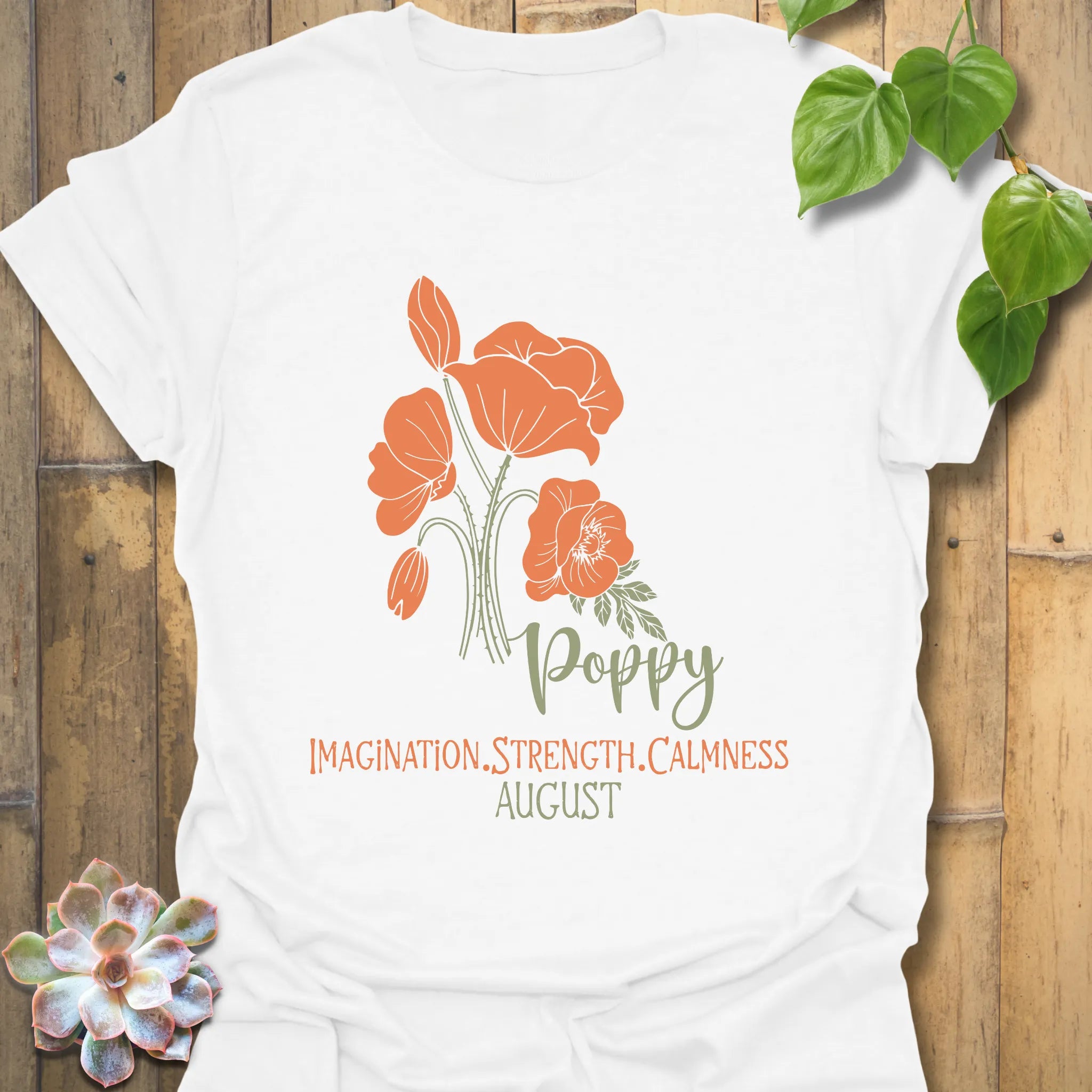 White t-shirt featuring the design August Poppy with a floral print, a minimalist flower graphic perfect for casual summer wear.