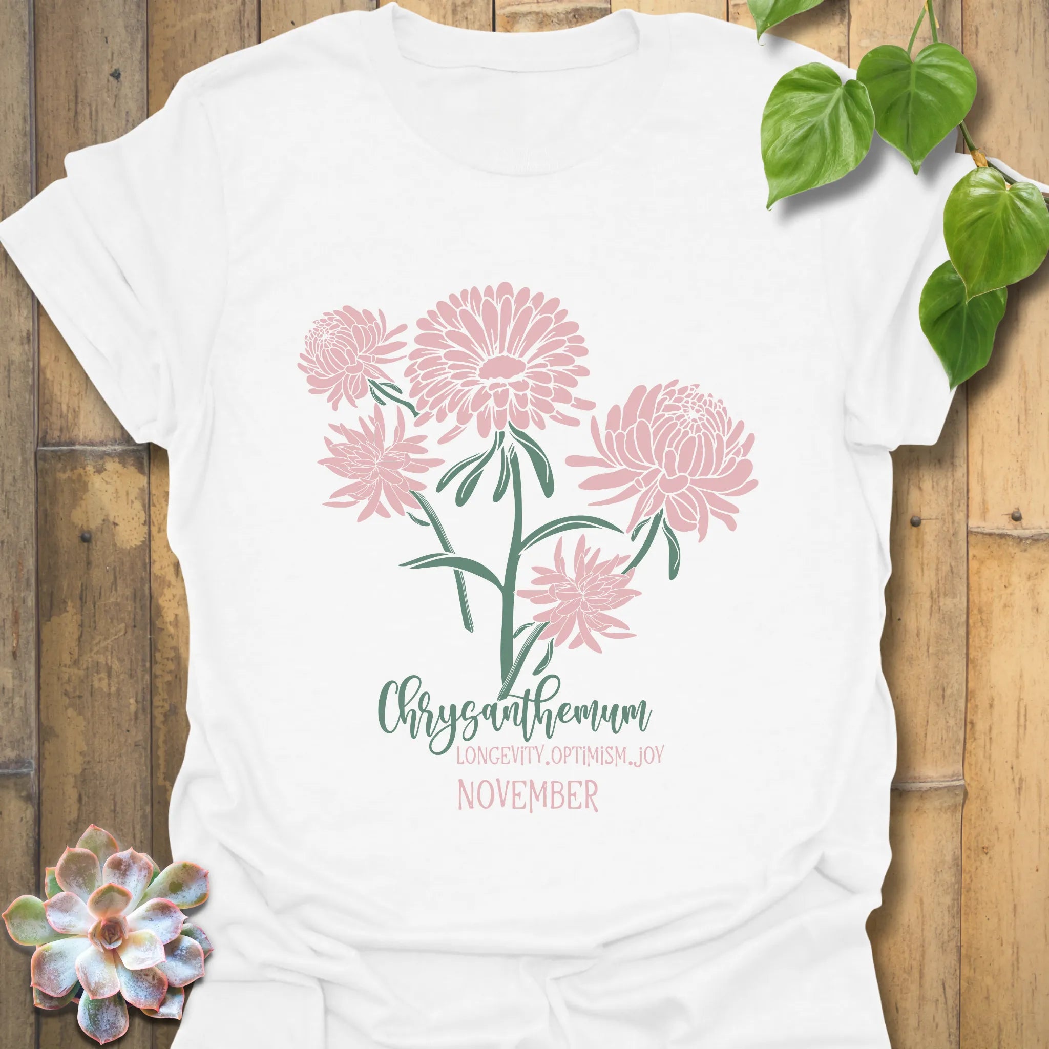 White t-shirt featuring the design November Chrysanthemum with a detailed chrysanthemum flower print, perfect floral graphic tee for autumn style.