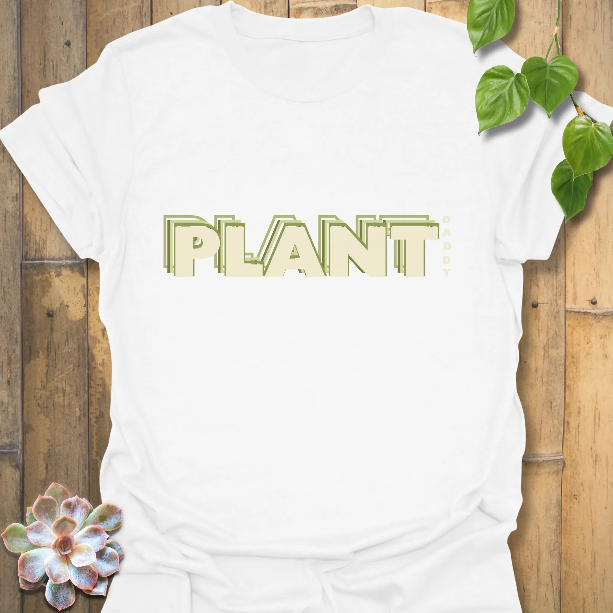 White t-shirt featuring the design Plant Dad, perfect gift for plant lovers.