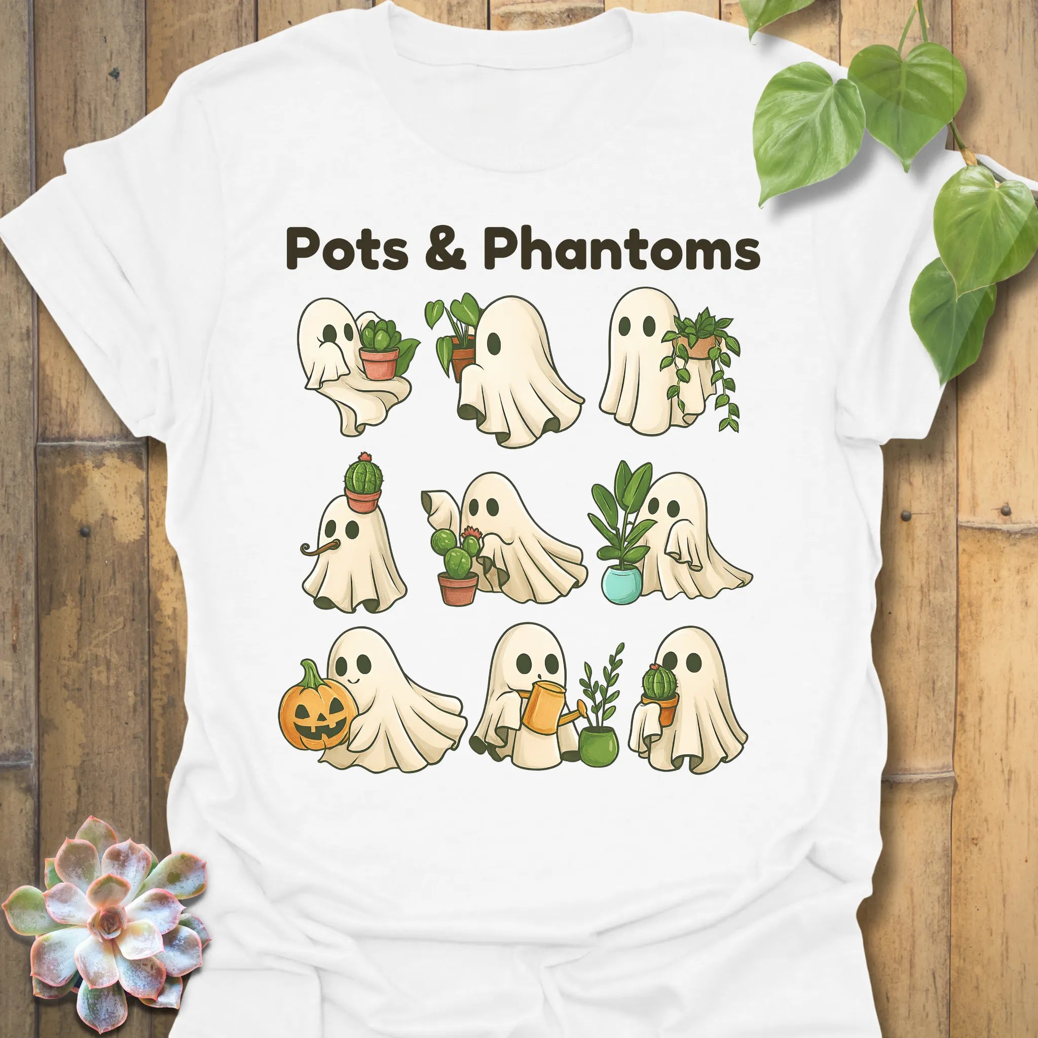 White t-shirt featuring the design Pots & Phantom printed in bold black letters, halloween graphic shirt