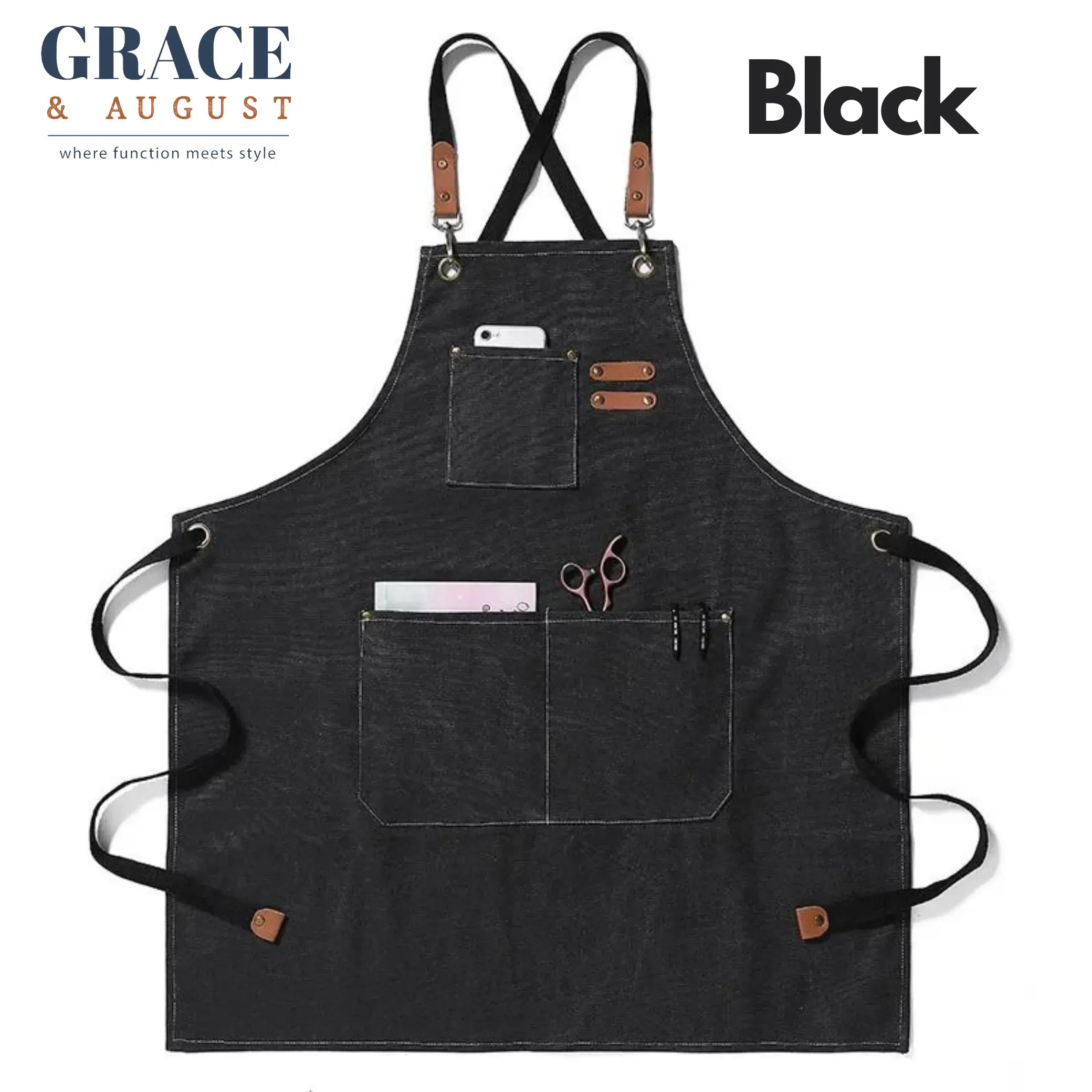 Adjustable Cross-Back Canvas Apron | Durable with Large Pockets – Ideal for BBQ, Workshop, and Crafting black / OneSize Apron