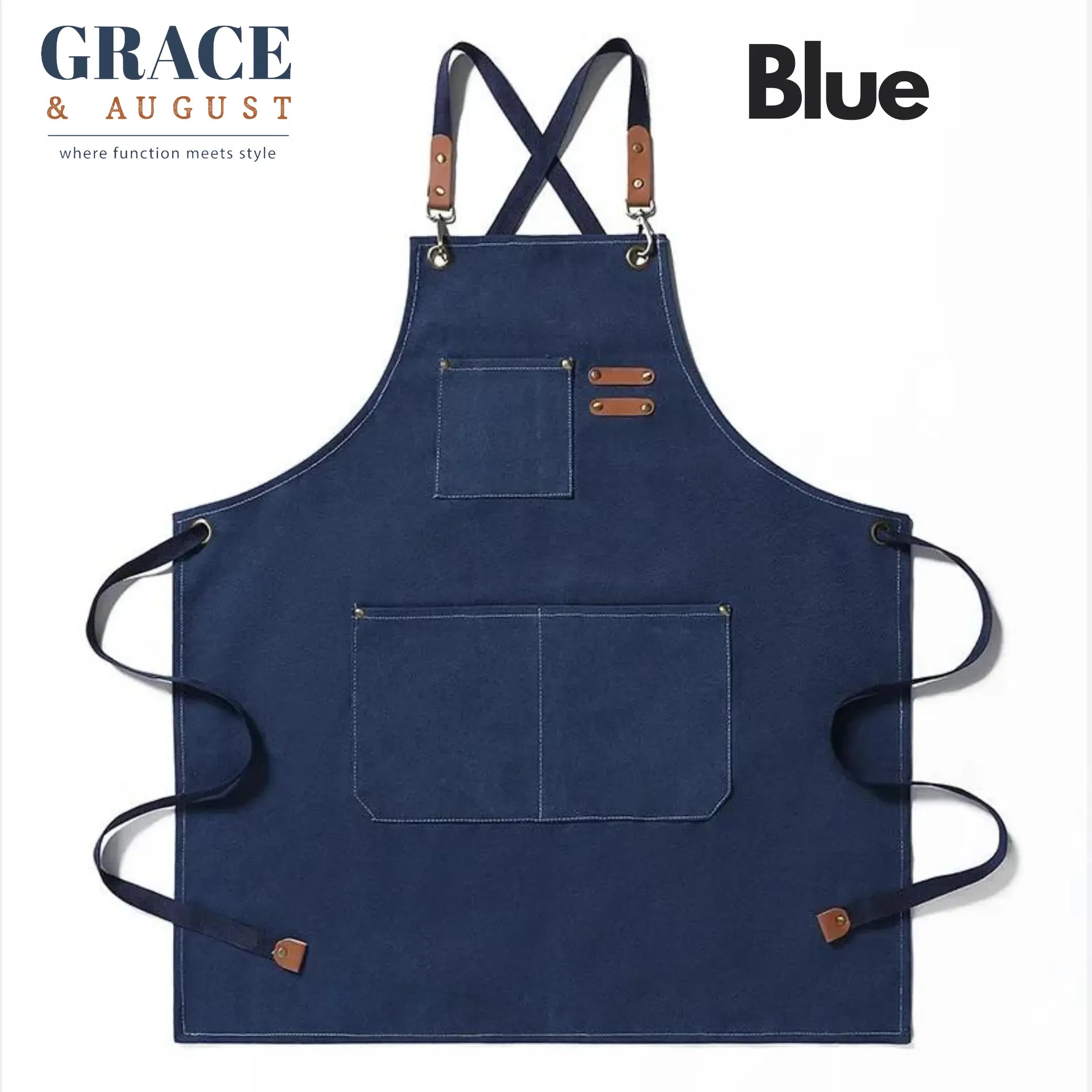 Adjustable Cross-Back Canvas Apron | Durable with Large Pockets – Ideal for BBQ, Workshop, and Crafting blue / OneSize Apron