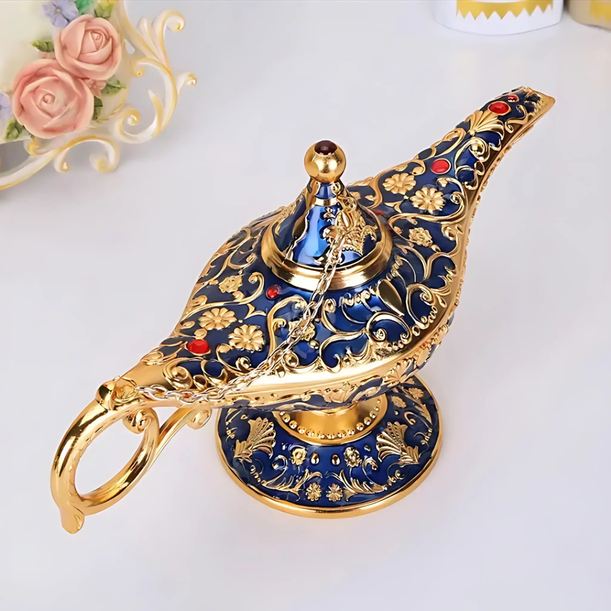 Aladdin Lamp – Vintage Metal Wishing Ornament for Home Gold -Blue Lamp