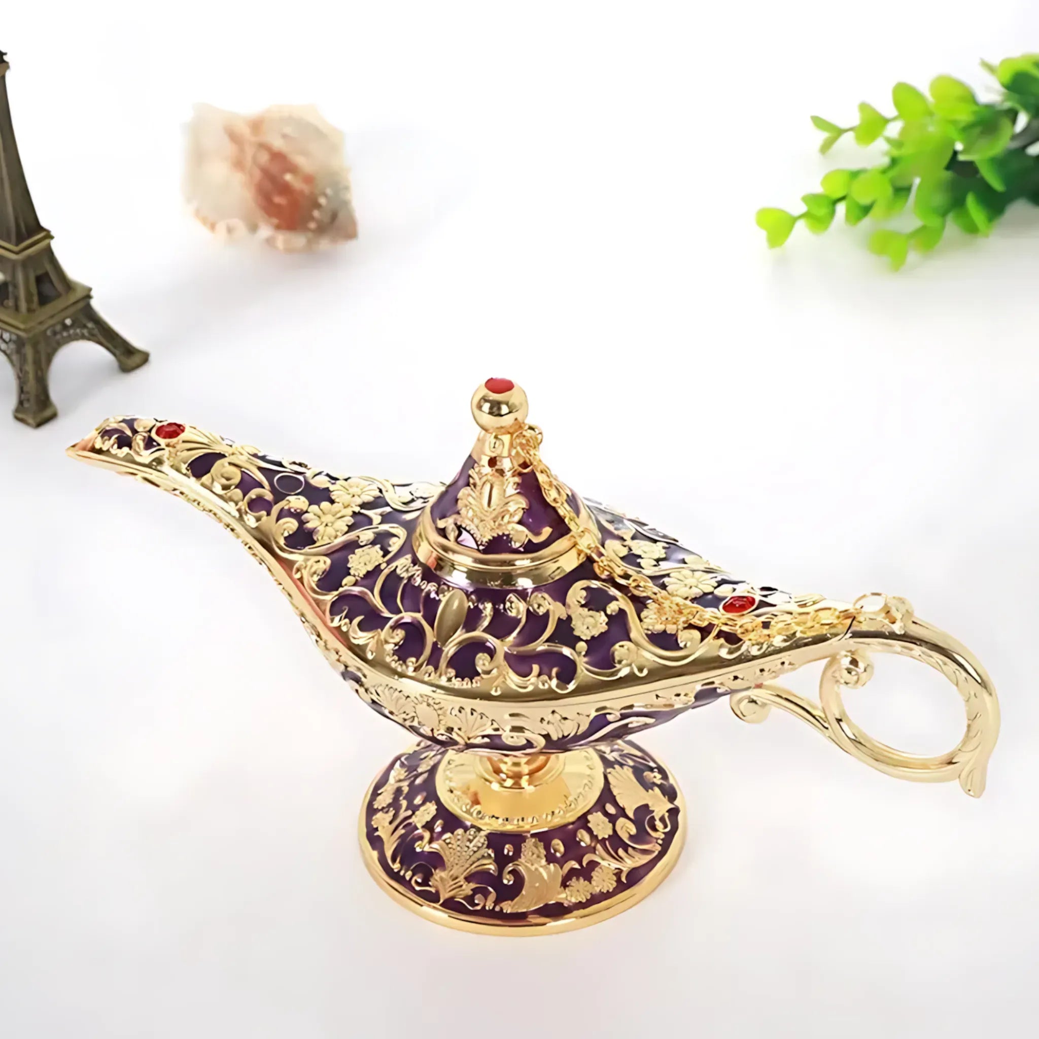 Aladdin Lamp – Vintage Metal Wishing Ornament for Home Gold -Purple Lamp