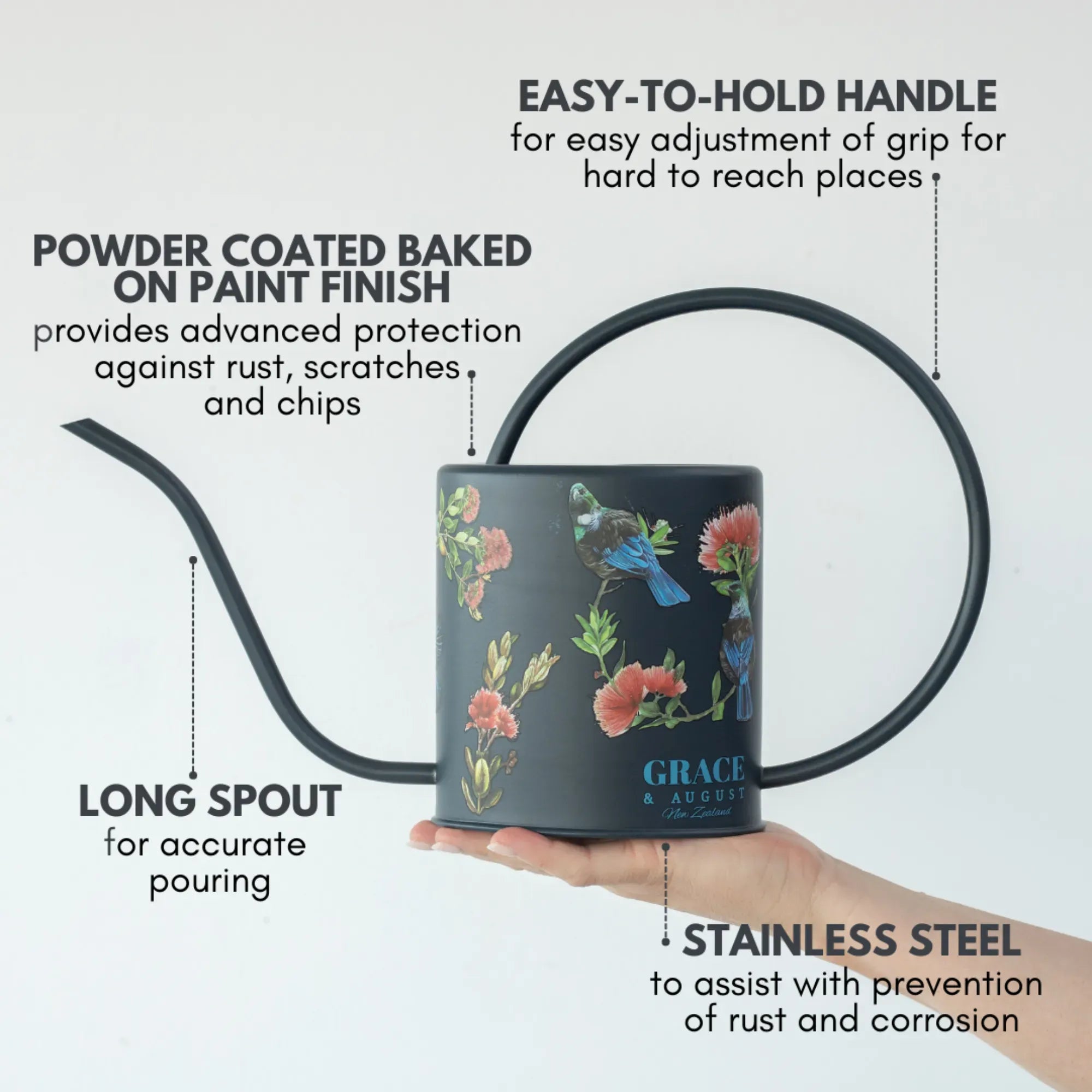 Black Tui Pōhutukawa Watering Can – 1.5L Stainless Steel Indoor Plant Watering Can Watering Can