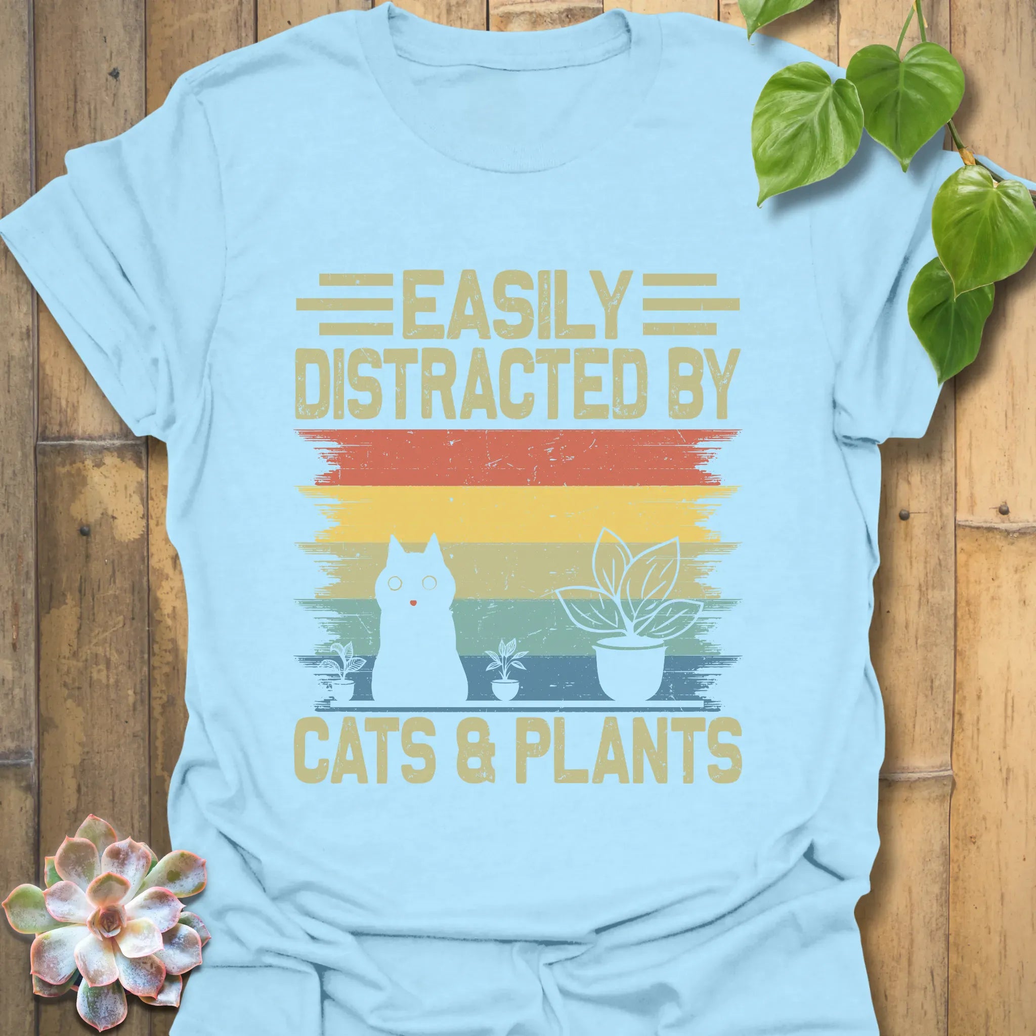 Distracted By Cats & Plants T-Shirt Light Blue / S T-Shirt