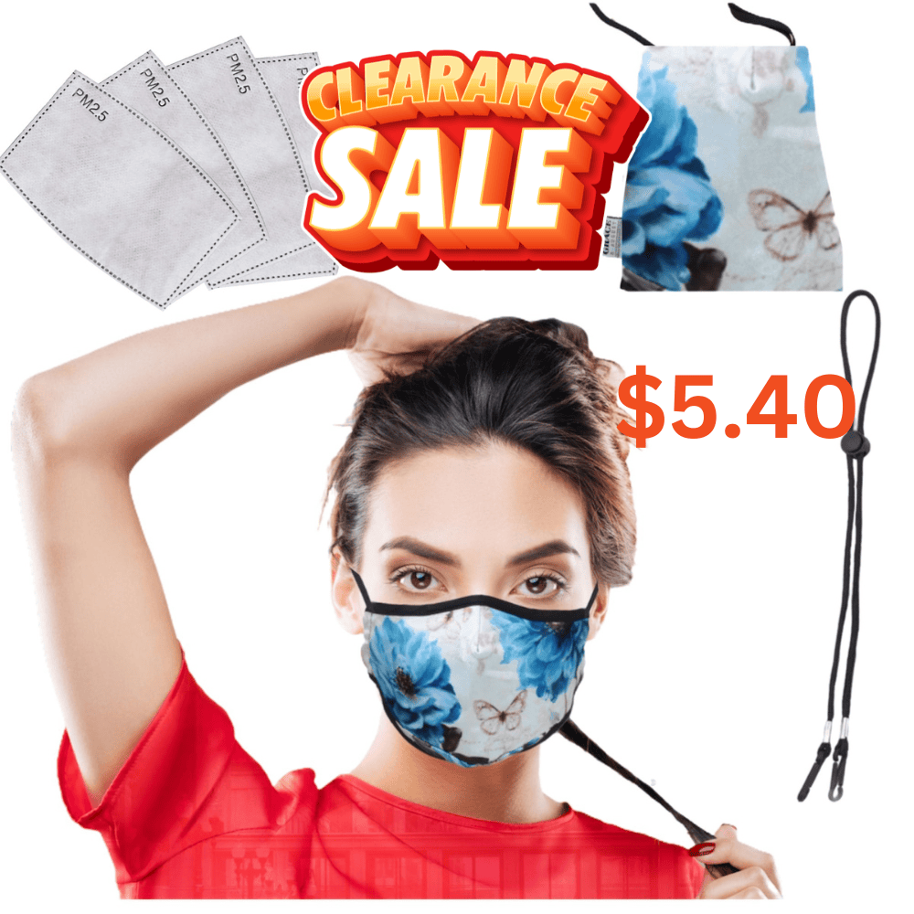 Fabric Face Mask Set - Premium 3 Layer Reusable - Incl Matching bag, lanyard & 4 PM2.5 filters - Blue Butterfly Face masks
