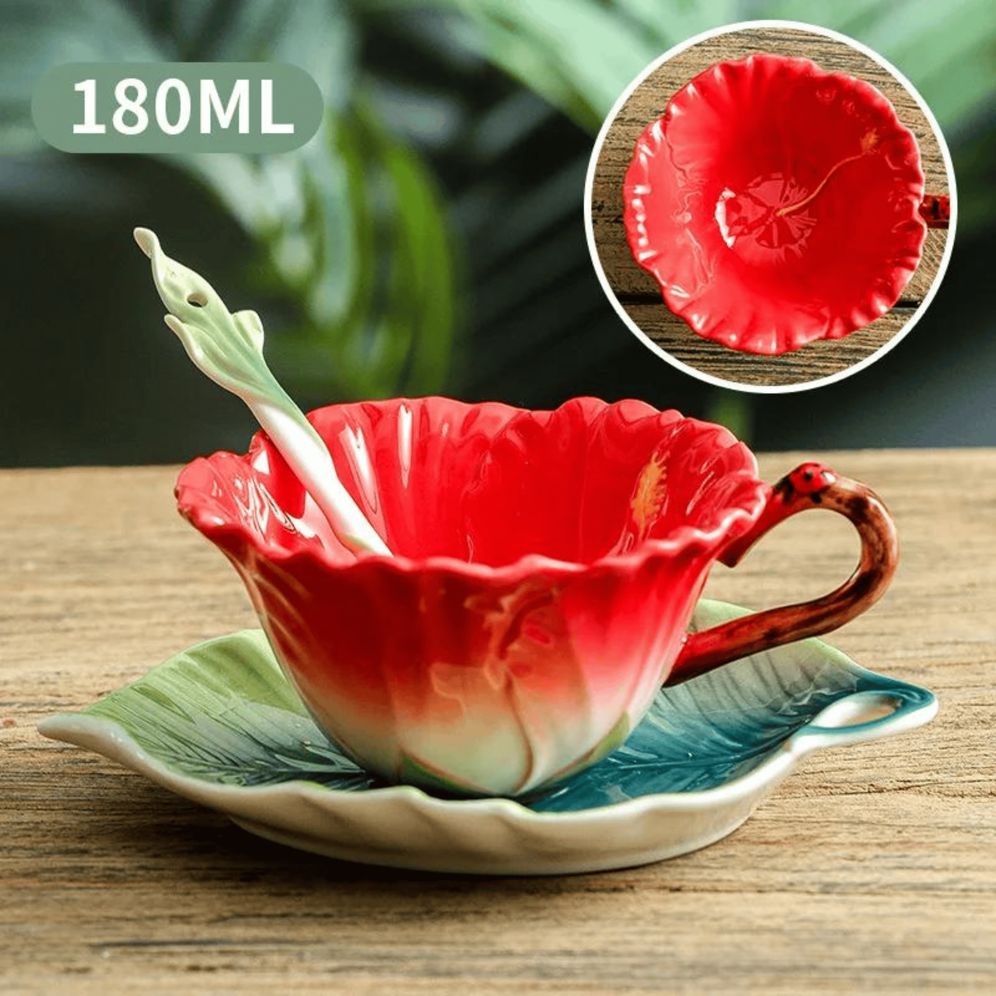 Floral Ceramic Coffee Mug Set with Leaf Saucer & Spoon - 180ml B Coffee Mug