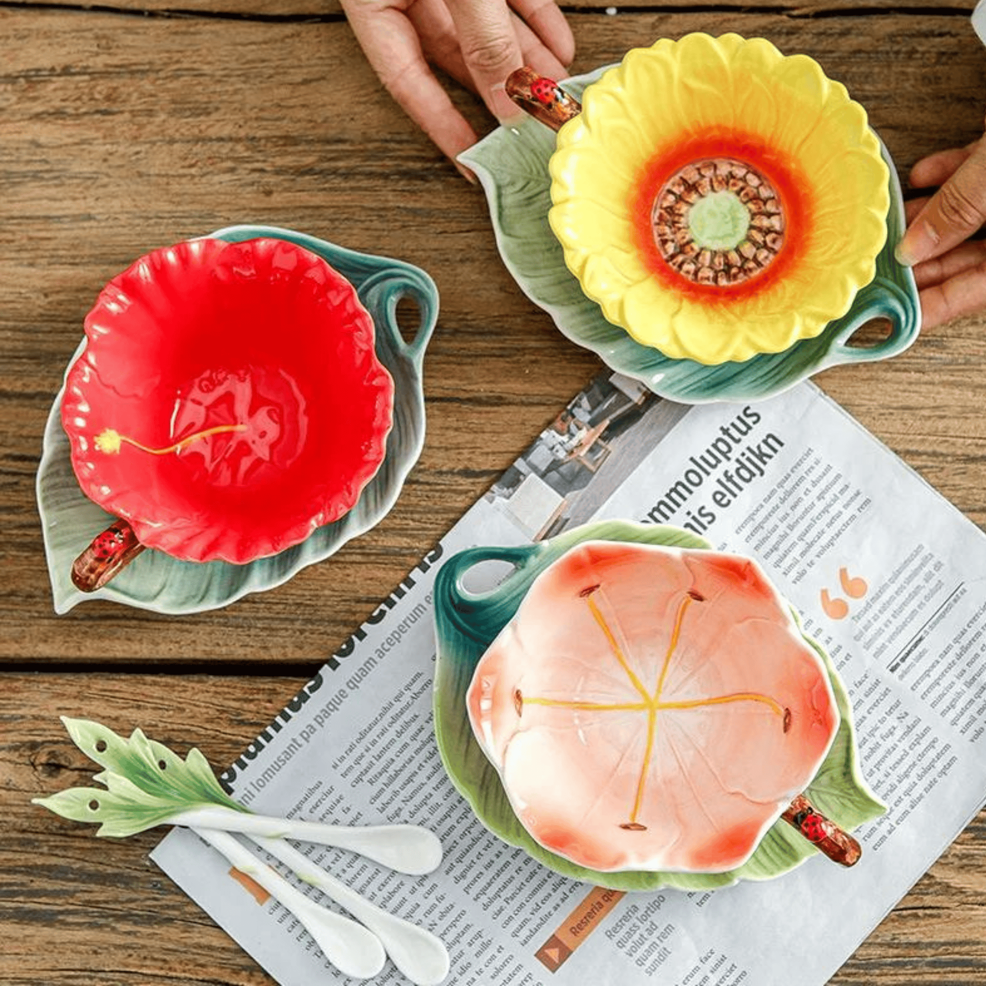 Floral Ceramic Coffee Mug Set with Leaf Saucer & Spoon - 180ml Coffee Mug