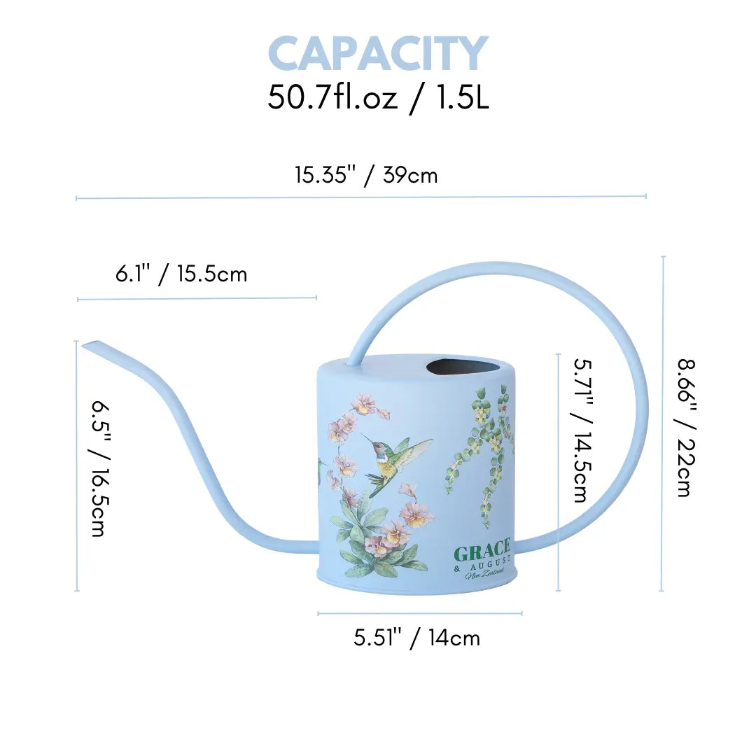 Indoor Watering Can - Stainless Steel 1.5L -Singing Hummingbirds Print Blue Watering Can