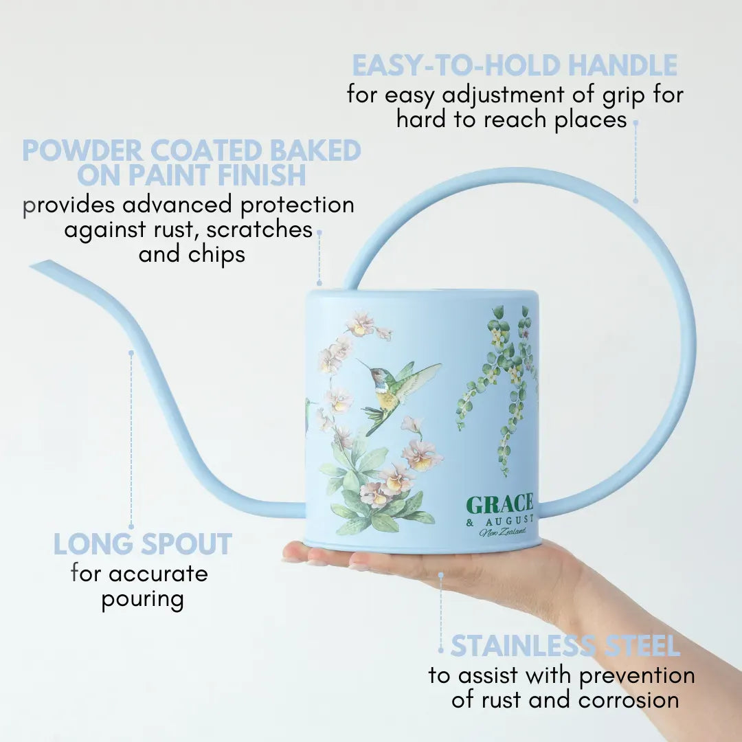 Indoor Watering Can - Stainless Steel 1.5L -Singing Hummingbirds Print Blue Watering Can