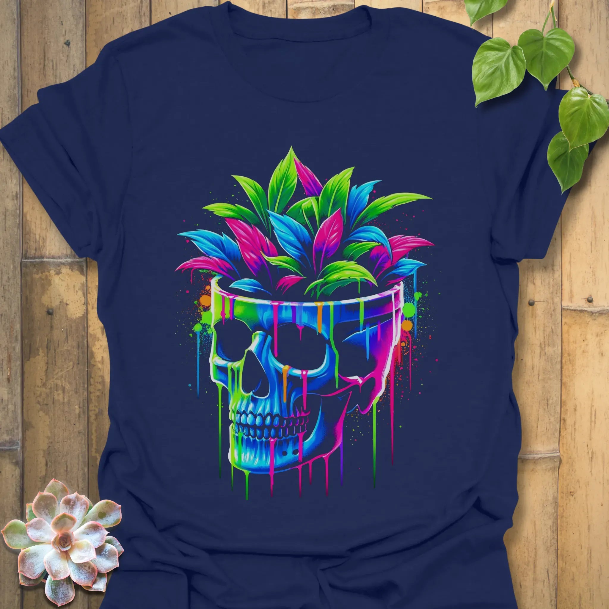 Neon Bloom Skull T-shirt Navy / S T-Shirt