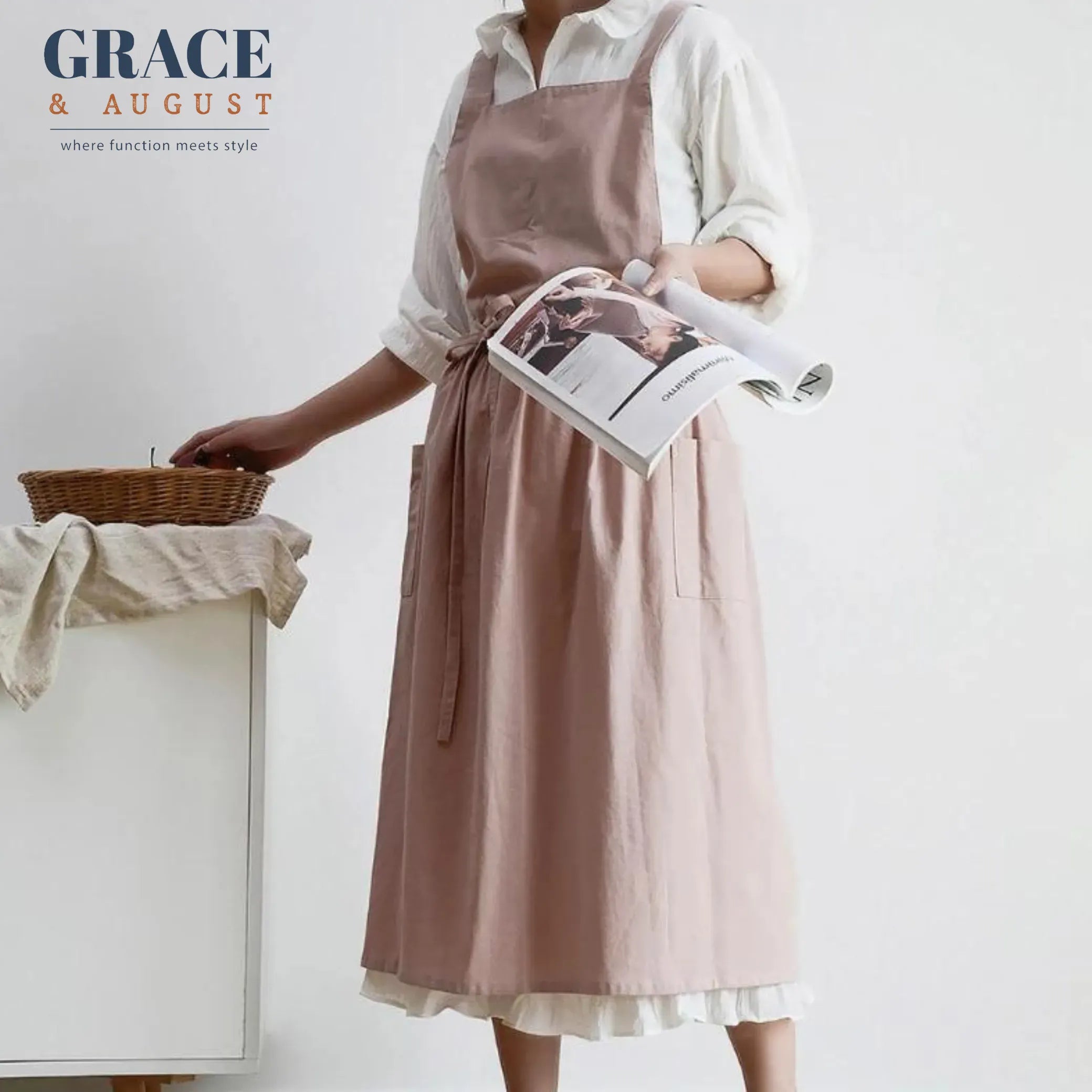 Pinafore Cotton Vintage Cross Back Apron with Pockets for Women Smoke Pink apron
