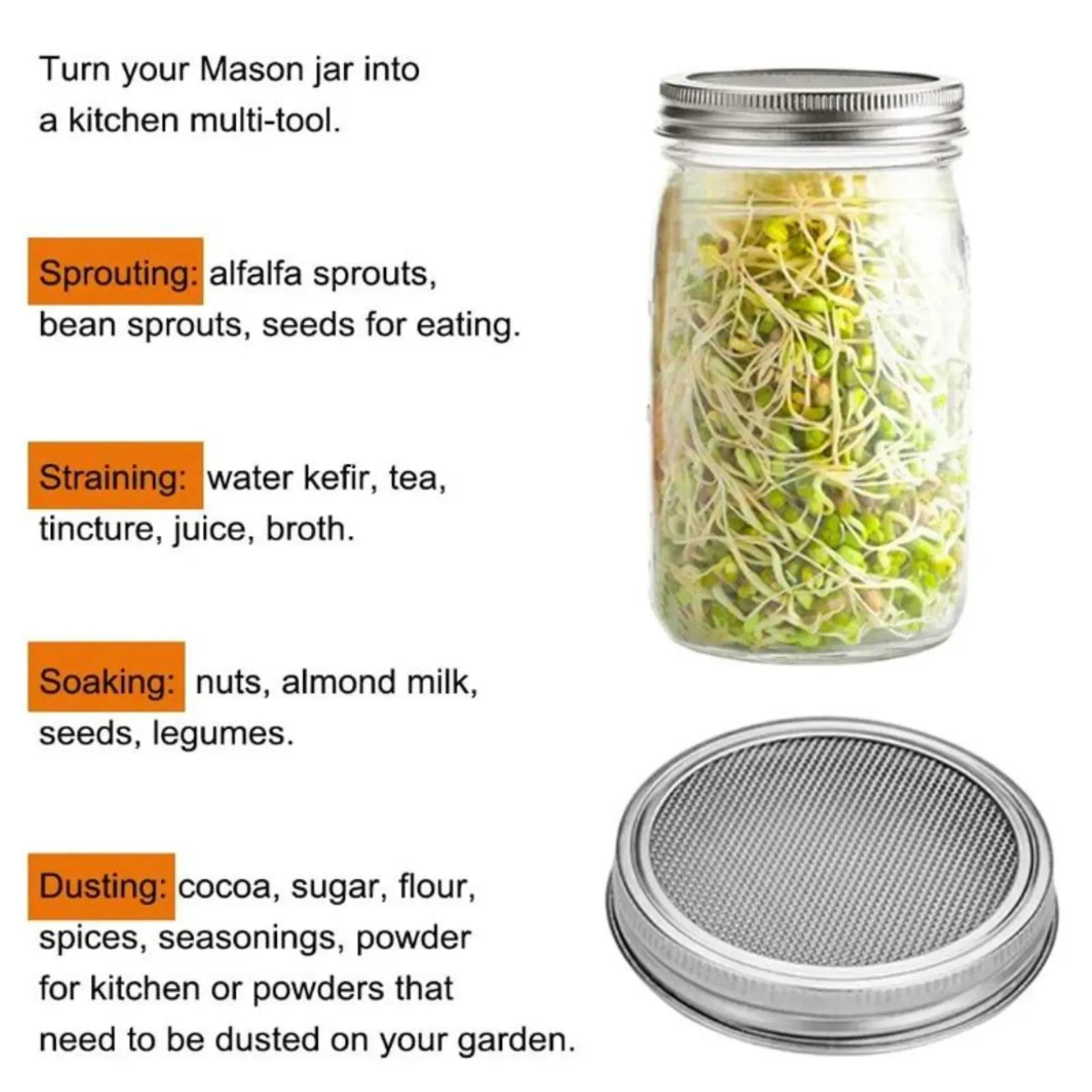 Sprouting Jar Accessories - Wide Mouth Mason Jar Strainer Lids & Adjustable Stands Sprout Set