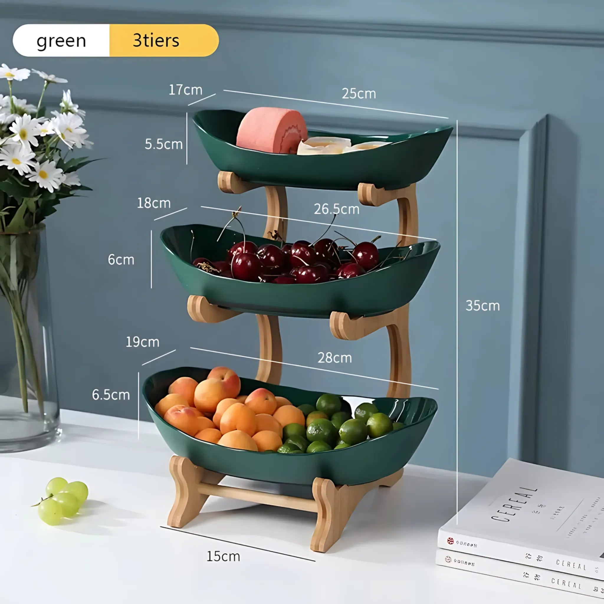 Wooden Fruit Bowl – Partitioned Serving Tray for Snacks & Cake Green 3tiers Wooden Fruit Bowl