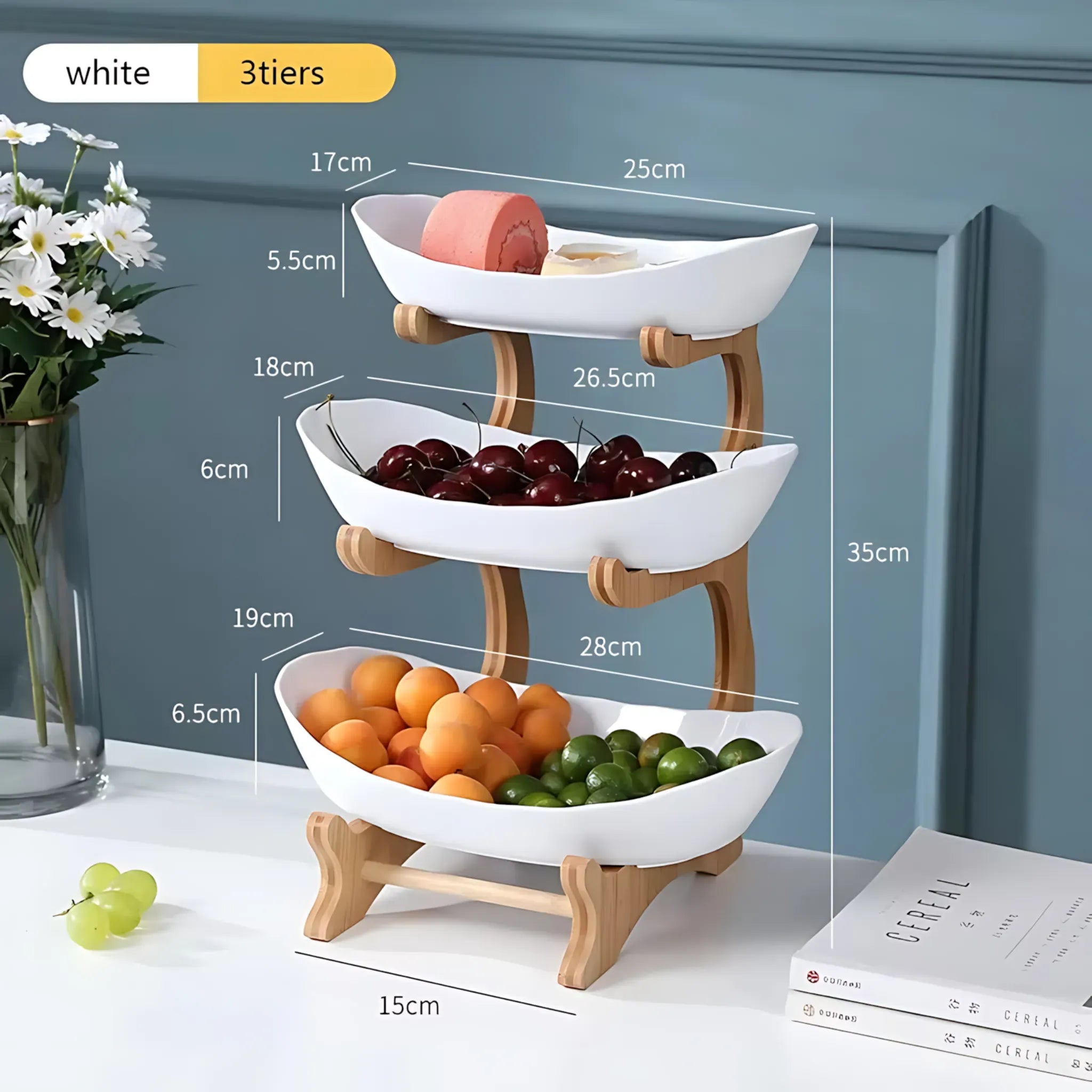 Wooden Fruit Bowl – Partitioned Serving Tray for Snacks & Cake White 3tiers Wooden Fruit Bowl
