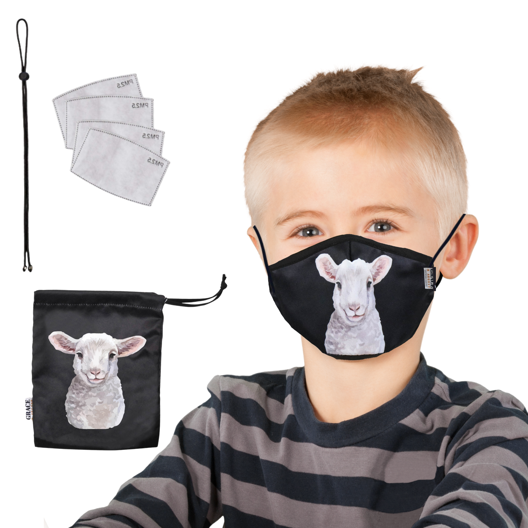 NZ Edition Premium Child Face Mask Set - 3 Layer 100% Cotton Reusable Face Mask - Little Lamb Child