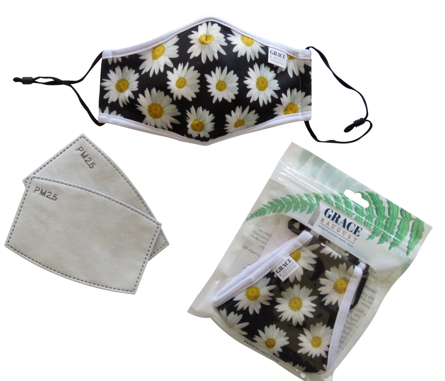 Reusable Fabric Face Mask - with nose wire, Filter Pocket and two 2.5 Filters- Daisy Fun