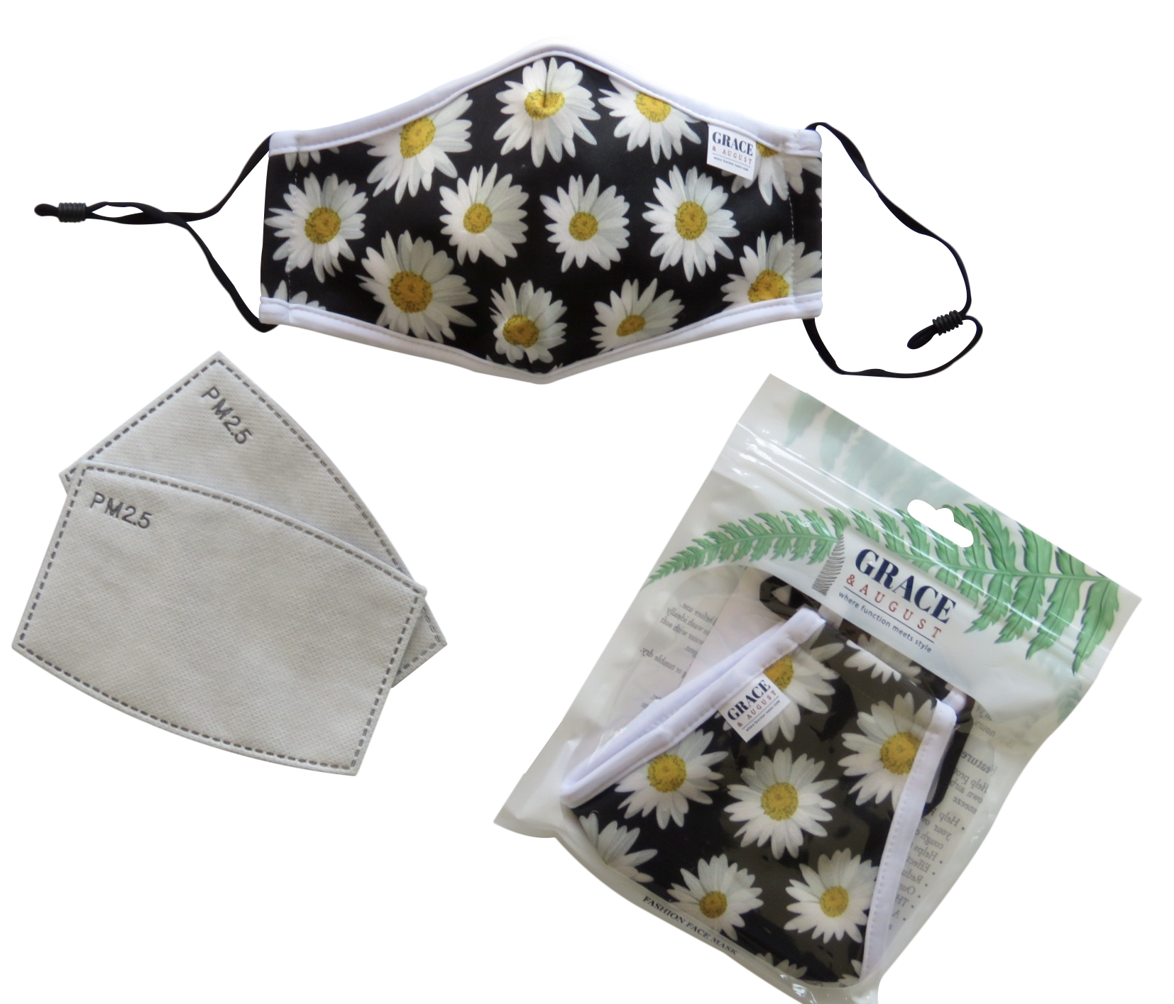 Reusable Fabric Face Mask - with nose wire, Filter Pocket and two 2.5 Filters- Daisy Fun