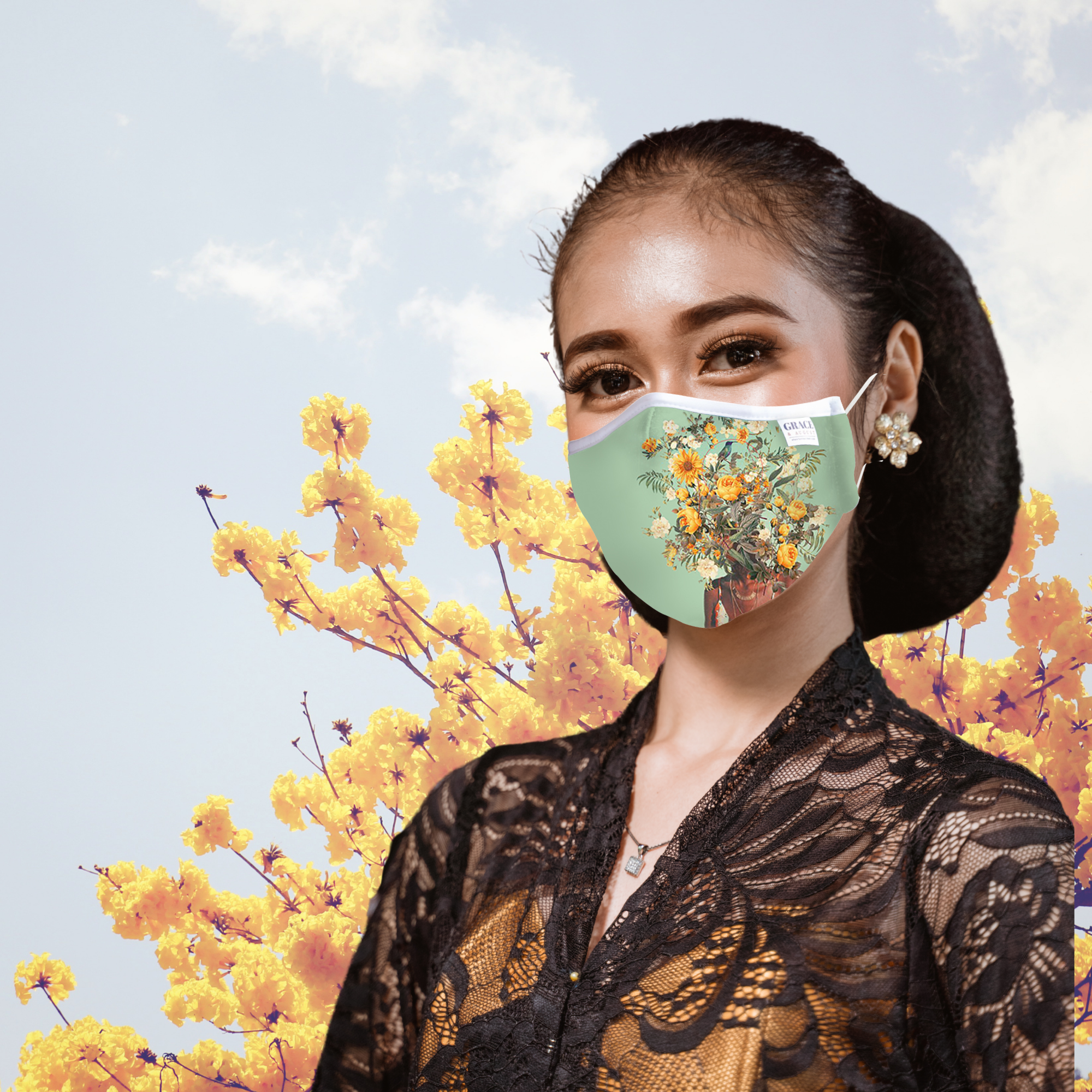 Reusable Fabric  Face Mask - with nose wire, Filter Pocket and two 2.5 Filters- Mint Beauty