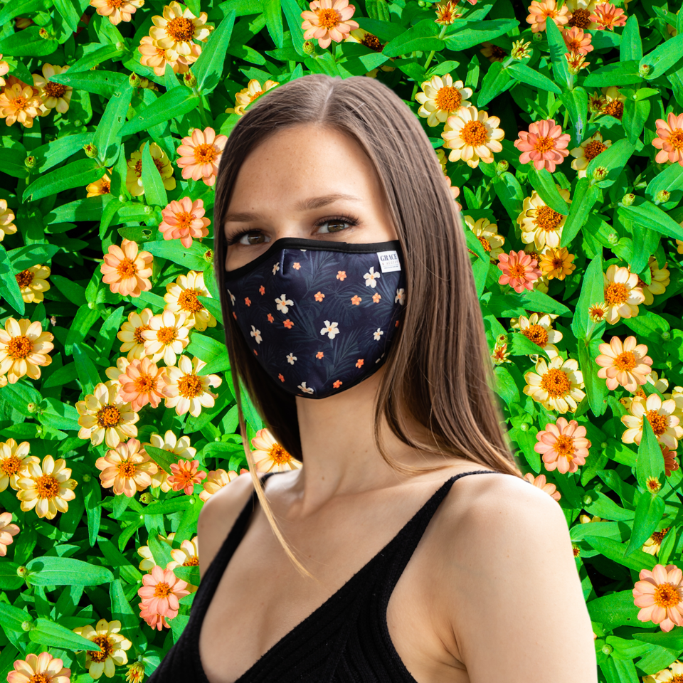 Reusable Fabric  Face Mask - with nose wire, Filter Pocket and two 2.5 Filters- Little Flower