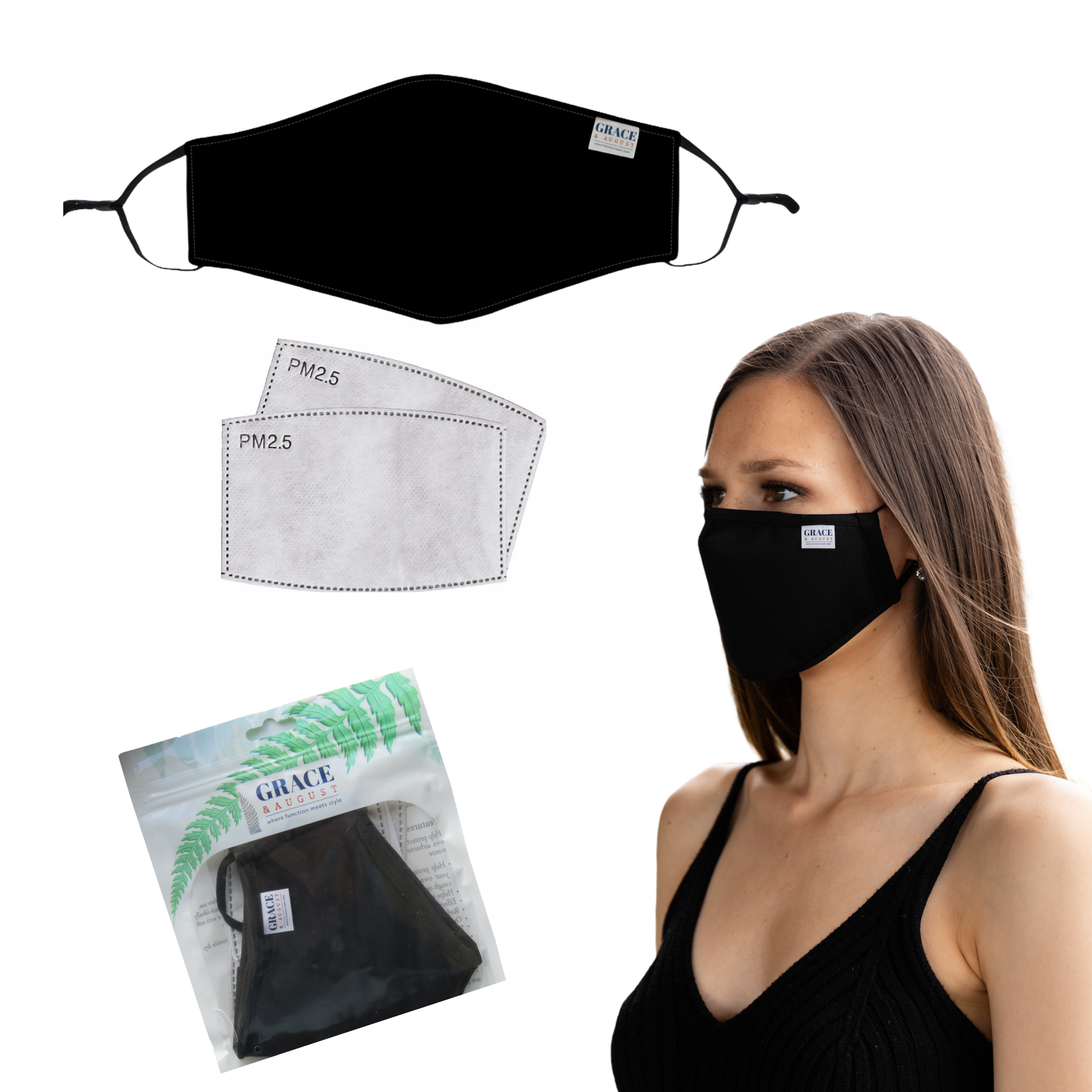 Reusable Fabric  Face Mask - with nose wire, Filter Pocket & 2 X PM2.5 Filters- Black