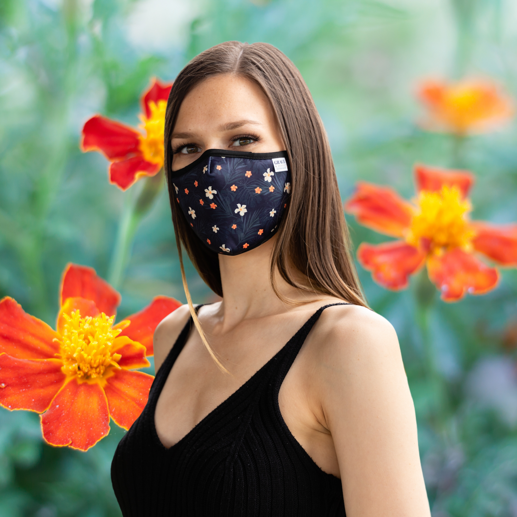 Reusable Fabric  Face Mask - with nose wire, Filter Pocket and two 2.5 Filters- Little Flower