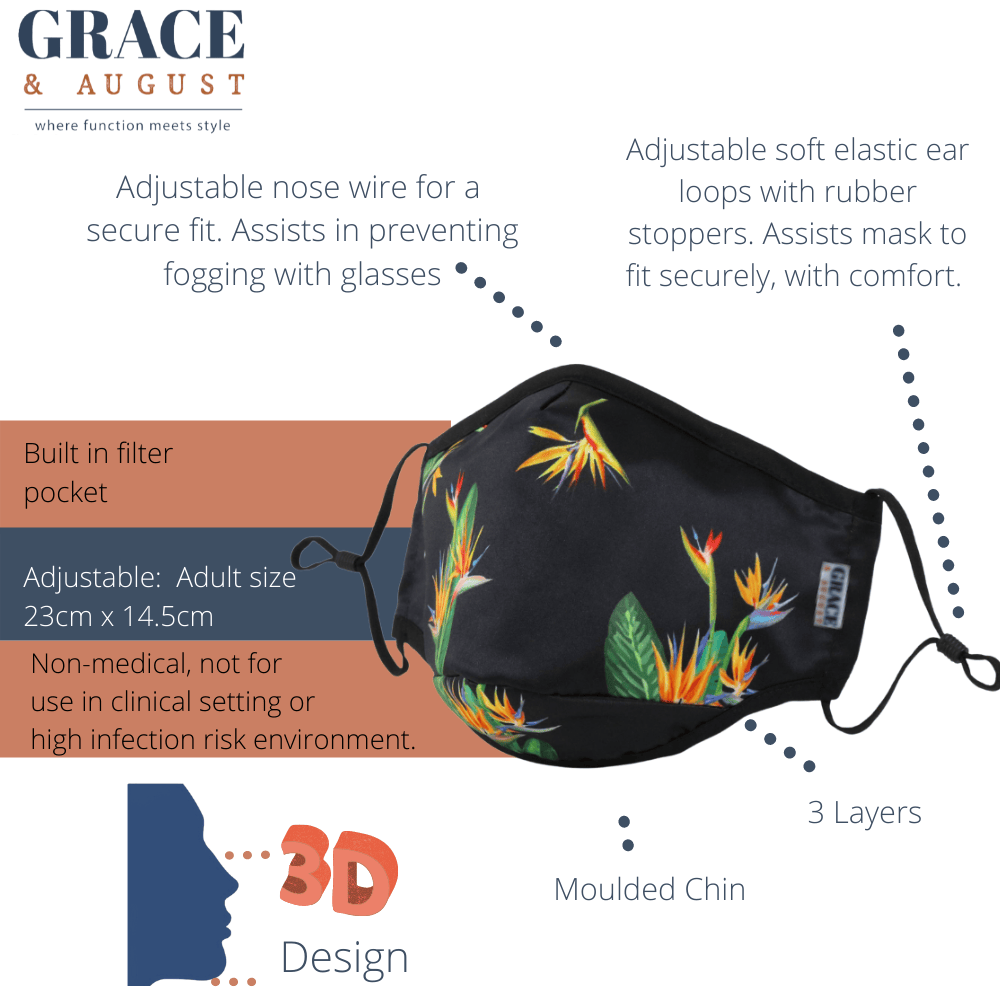 Fabric Face Masks | Cloth Face Masks NZ Edition | Original Pattern | Premium Face Mask Set - 3 Layer Reusable Face Mask - Birds Of Paradise Face masks
