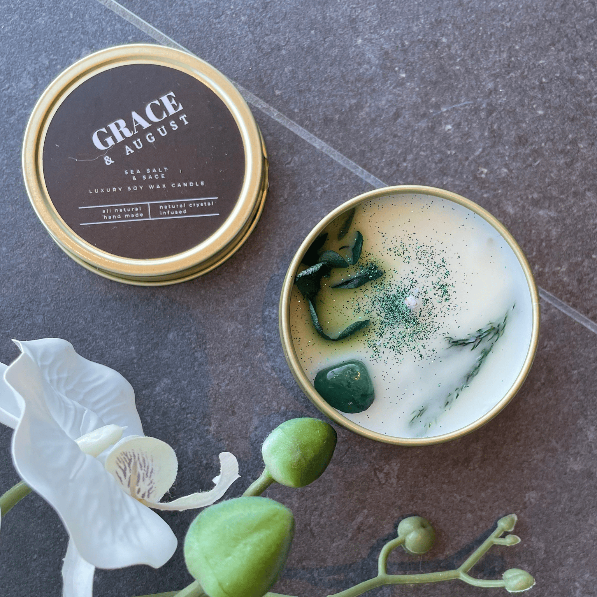 Sea Salt & Sage Botanical Soy Candle – Gold Tin with Crystals Candles
