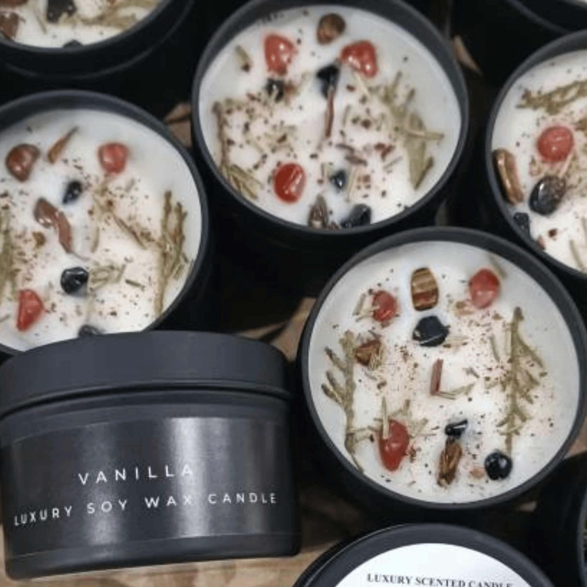 Vanilla Botanical Soy Candle – Black Tin with Wood Wick and Crystals - Clearance Candles