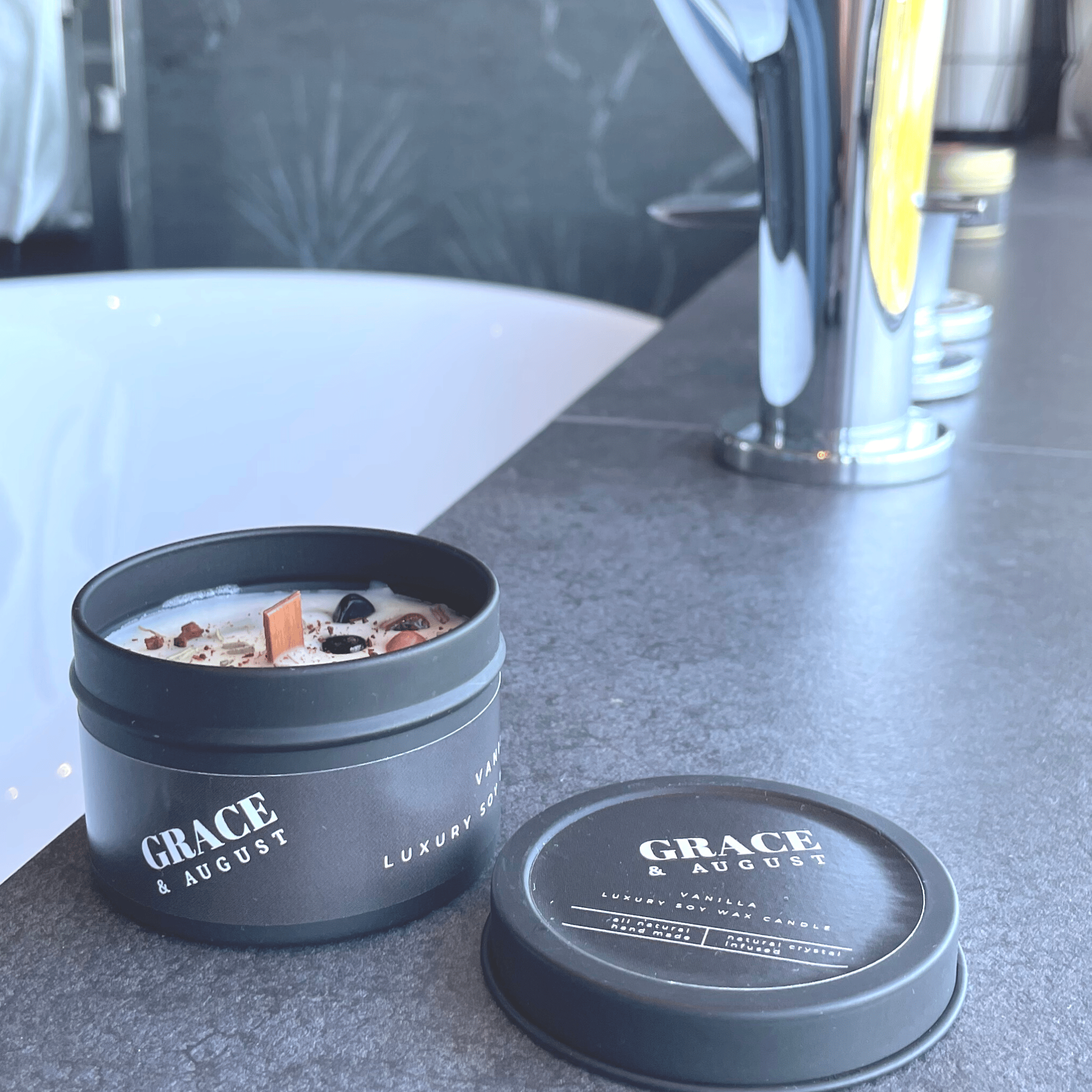 Vanilla Botanical Soy Candle – Black Tin with Wood Wick and Crystals - Clearance Candles