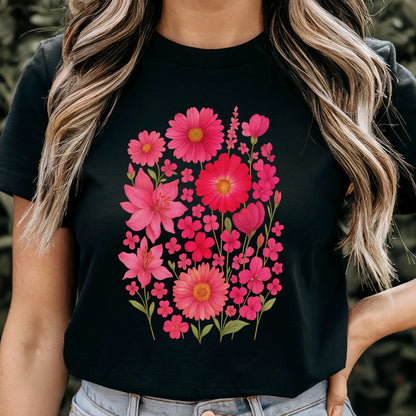 Woman wearing a black “Pink Blossom” T-shirt featuring bright pink flowers — casual floral style on soft Gildan 64000 cotton.