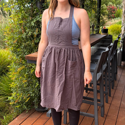 Pinafore Cotton Vintage Cross Back Apron with Pockets for Women - Charcoal