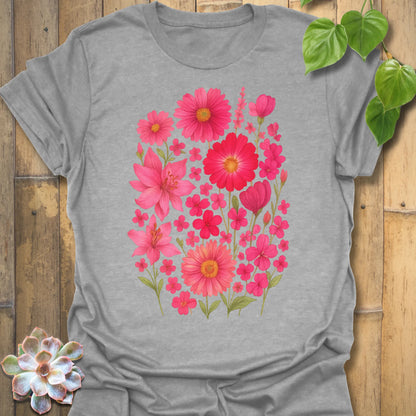 Sport grey “Pink Blossom” tee decorated with pink floral bouquet artwork — soft cotton-blend Gildan 64000 shirt.