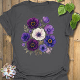 Dragonfly and wildflower graphic t-shirt in dark charcoal gray – vintage nature print shirt with dragonfly and flowers