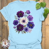 Dragonfly and wildflower graphic t-shirt in soft light blue – botanical garden-inspired tee with dragonfly illustration