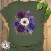Dragonfly and wildflower graphic t-shirt in military green – earthy outdoor tee featuring dragonfly and wildflower print.