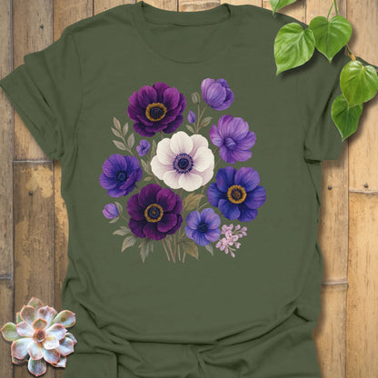 Dragonfly and wildflower graphic t-shirt in military green – earthy outdoor tee featuring dragonfly and wildflower print.