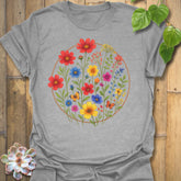 Sport grey “Circle of Flowers” graphic tee featuring a bright wildflower circle design — soft and breathable Gildan 64000 cotton blend.