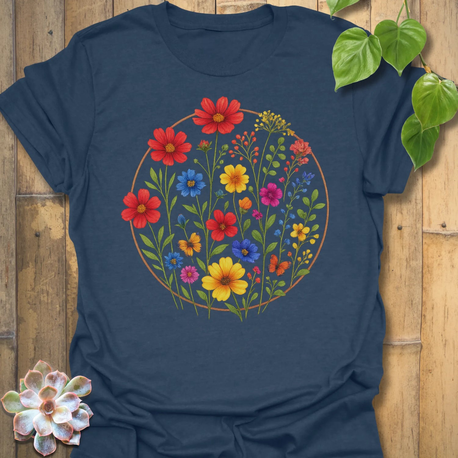 Heather navy “Circle of Flowers” T-shirt with vivid multicolour floral circle artwork — artistic garden-inspired print on Gildan 64000.