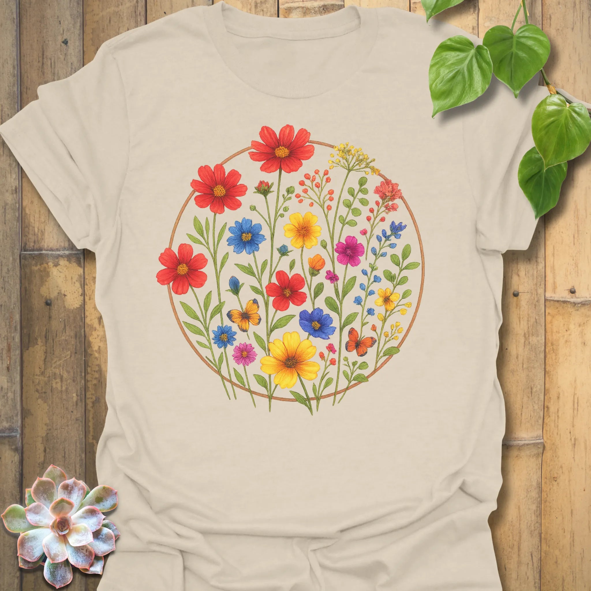 Natural off-white “Circle of Flowers” tee with colourful wildflower and butterfly print inside a circle, soft eco-toned Gildan 64000 cotton shirt.