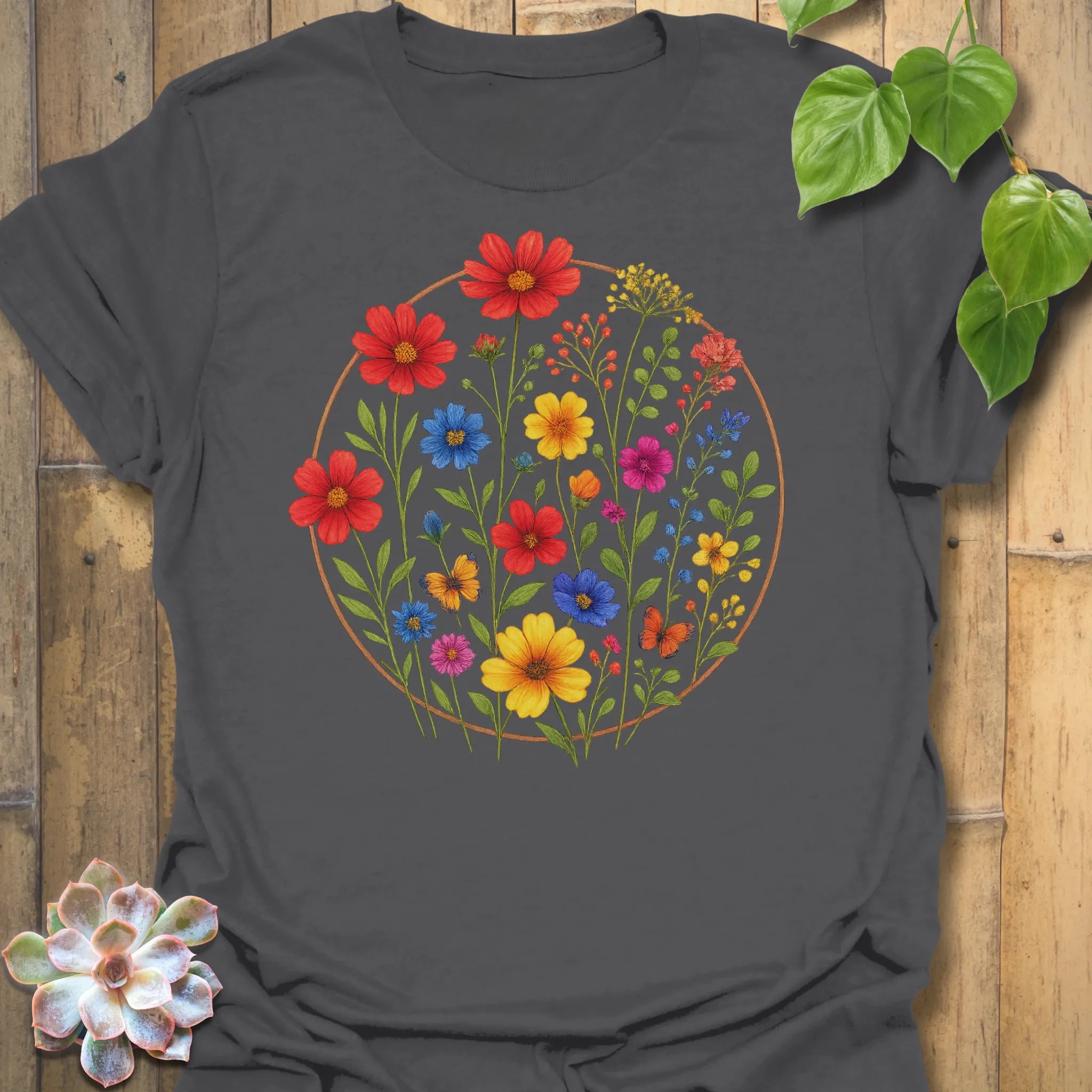 Charcoal “Circle of Flowers” T-shirt with a colourful circular wildflower design, modern botanical print on durable Gildan 64000 cotton blend.