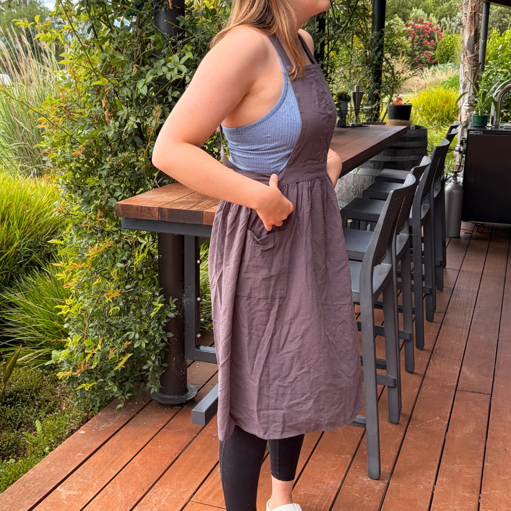 Pinafore Cotton Vintage Cross Back Apron with Pockets for Women - Charcoal